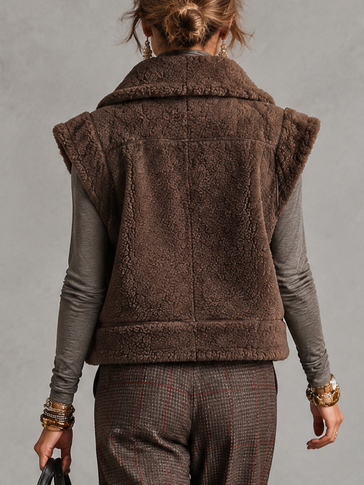 Brown Shearling Fleece Collared Zip Vest