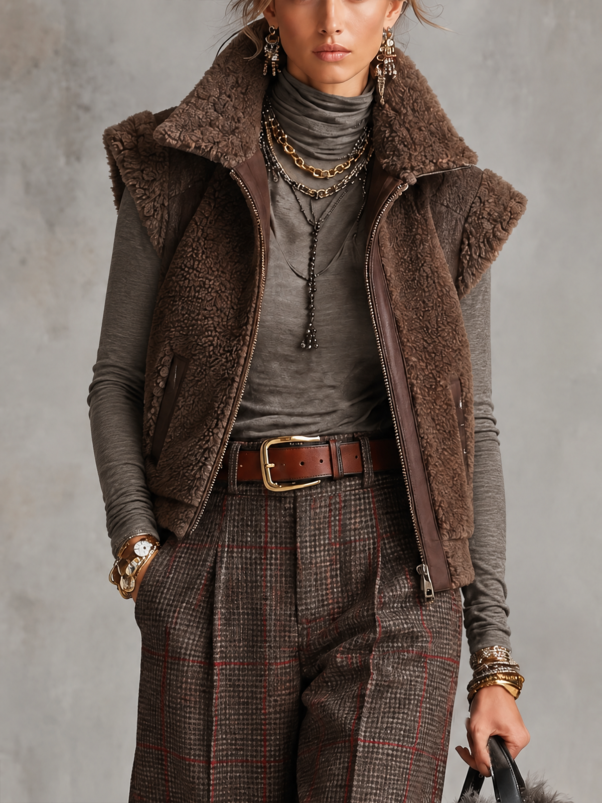 Brown Shearling Fleece Collared Zip Vest