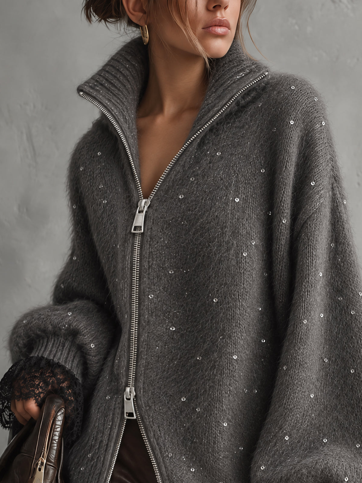 Gray Oversized Sequin Embellished Mohair Knit Double Zip Cardigan