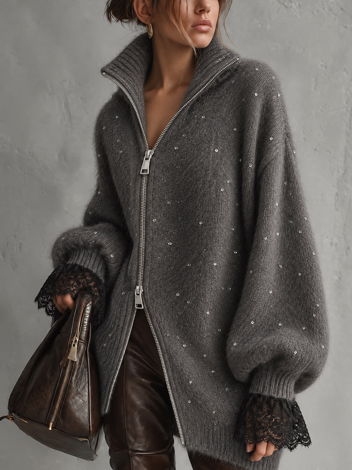 Gray Oversized Sequin Embellished Mohair Knit Double Zip Cardigan