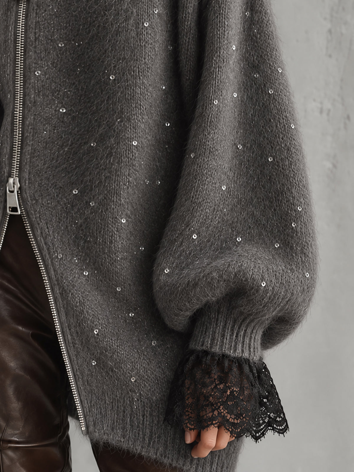 Gray Oversized Sequin Embellished Mohair Knit Double Zip Cardigan