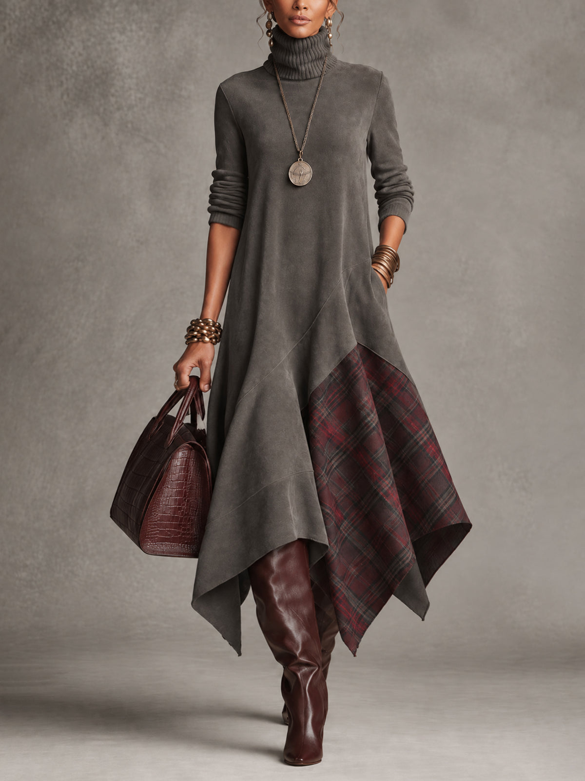 Gray Faux Suede Turtleneck Plaid Panel Asymmetric Hem Midi Dress