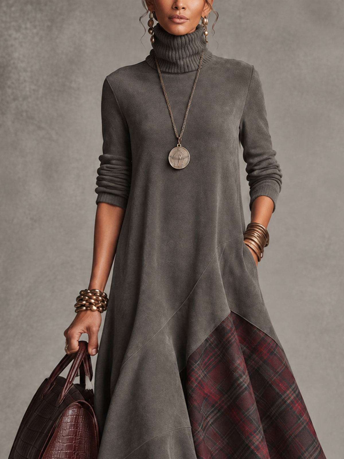 Gray Faux Suede Turtleneck Plaid Panel Asymmetric Hem Midi Dress