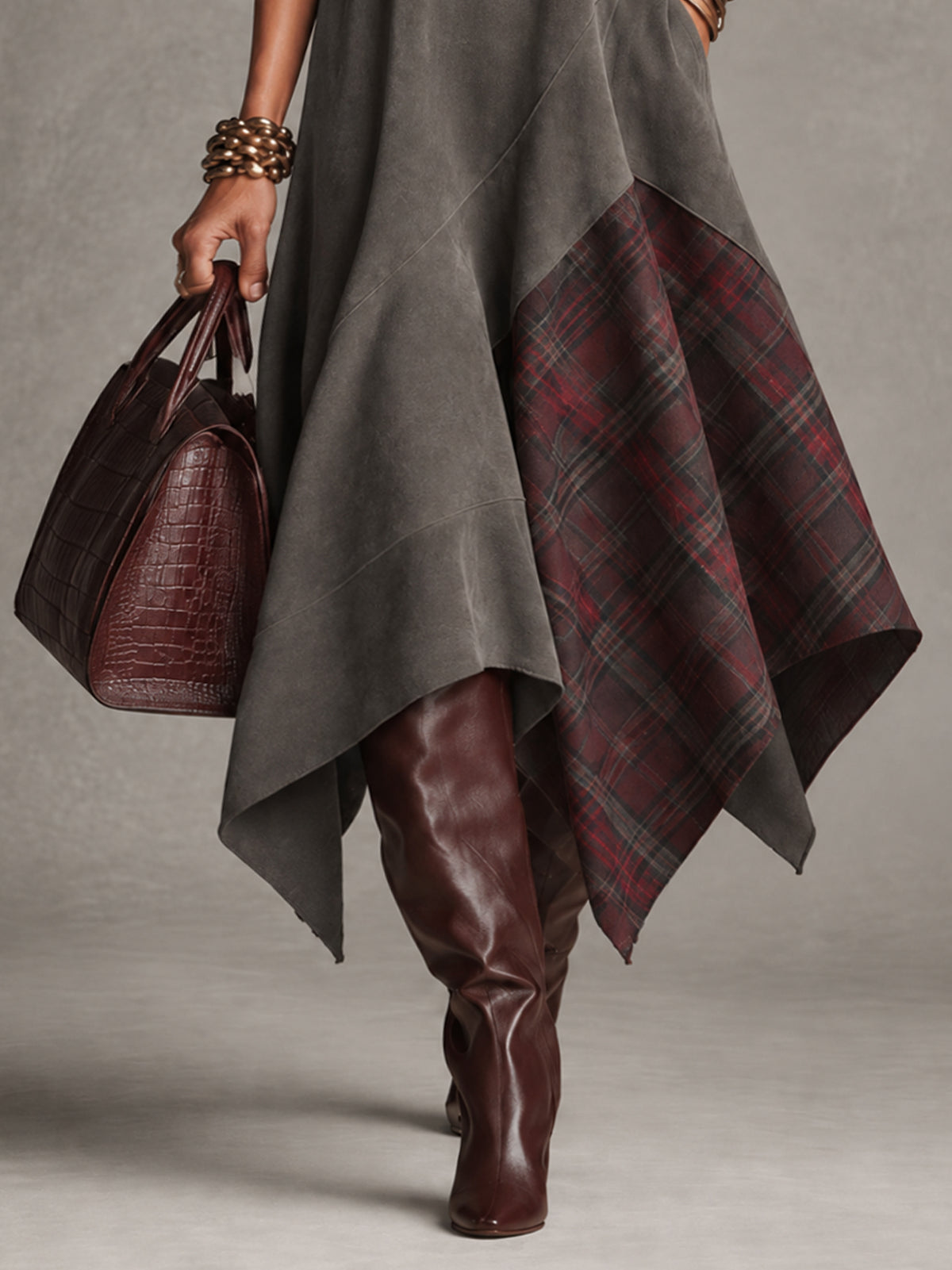 Gray Faux Suede Turtleneck Plaid Panel Asymmetric Hem Midi Dress