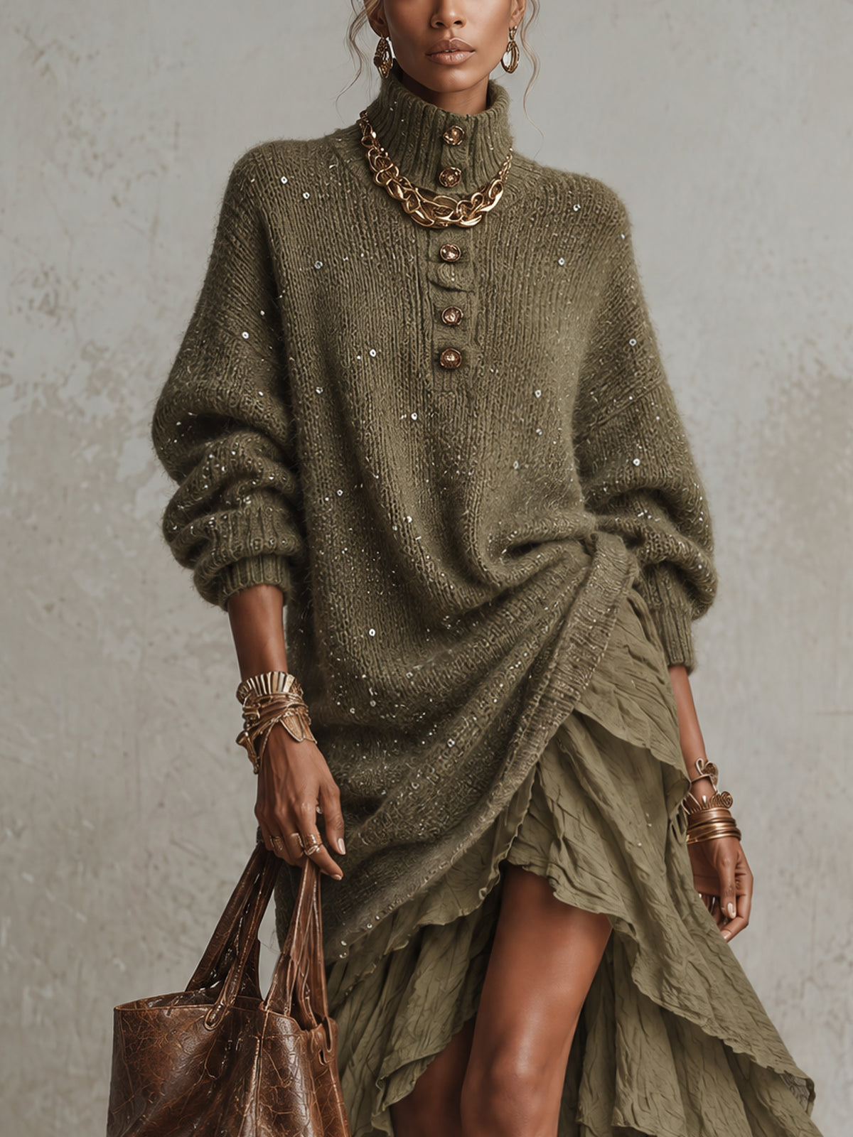 Olive Green Oversized Sequin Mohair Turtleneck Sweater And Crinkled Cotton Linen Tiered Skirt Set
