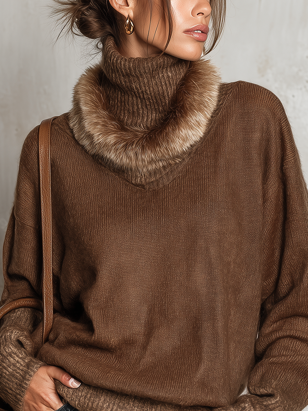 Brown Faux Fur Collar Faux Two-Piece Knit Sweater