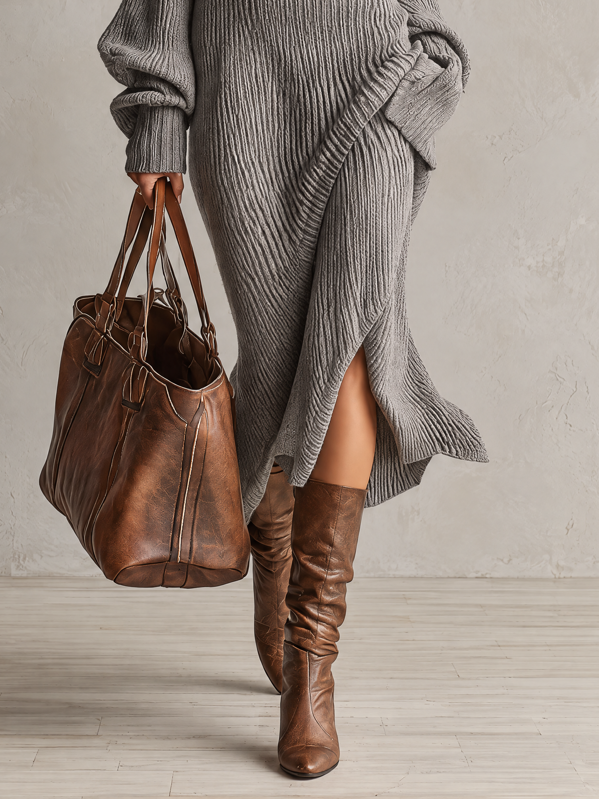 Grey Ribbed Knit Midi Dress With Sherpa Cowl Neck