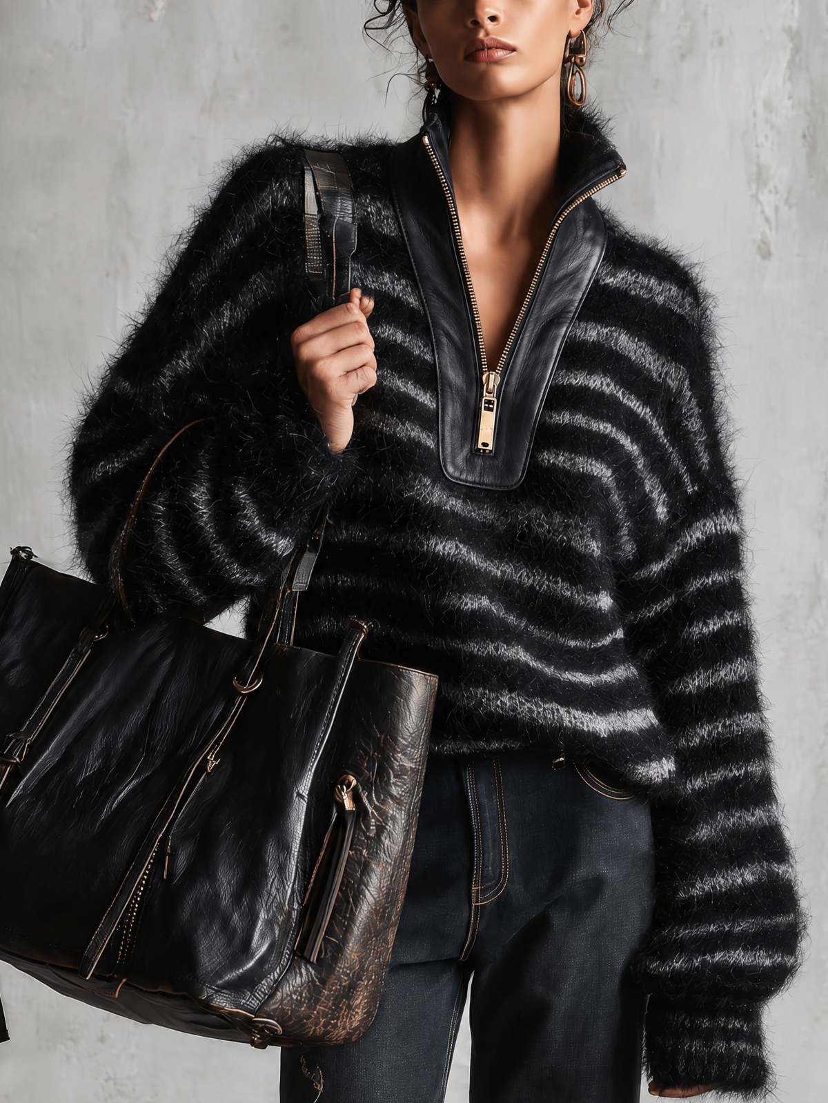Black And Grey Striped Fuzzy Knit Sweater With Pu Leather Half-Zip Collar