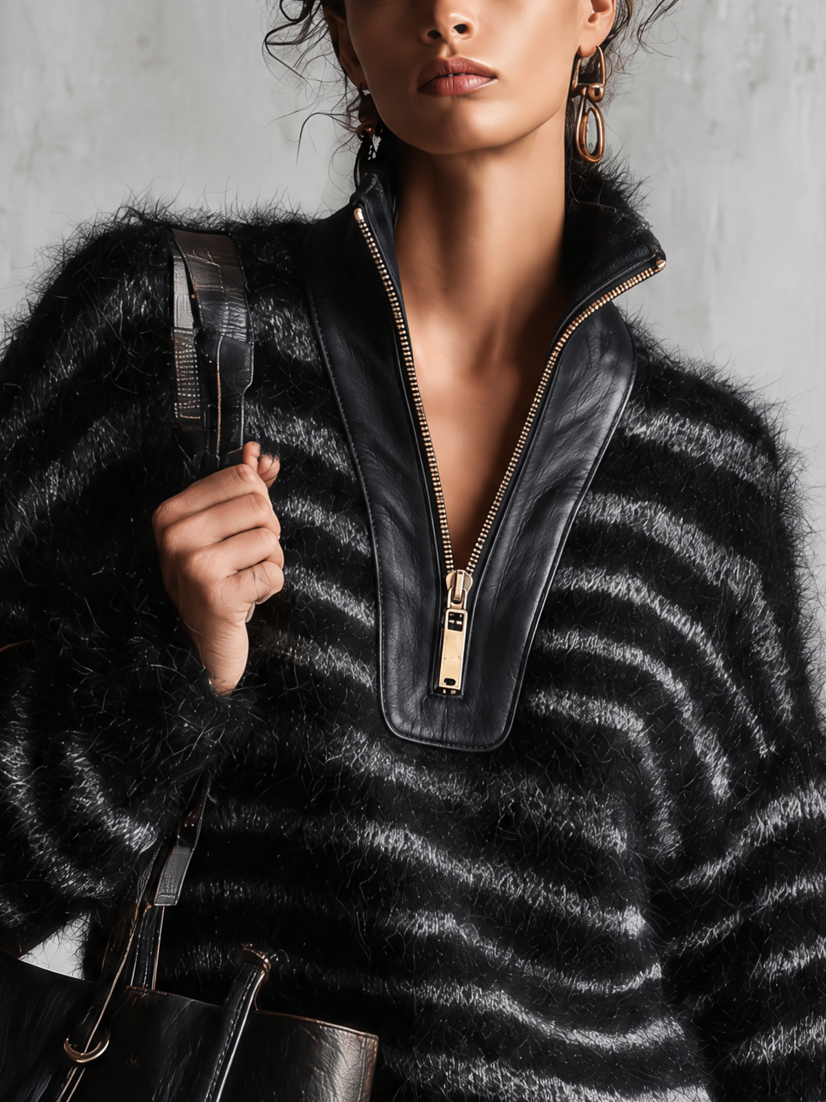 Black And Grey Striped Fuzzy Knit Sweater With Pu Leather Half-Zip Collar