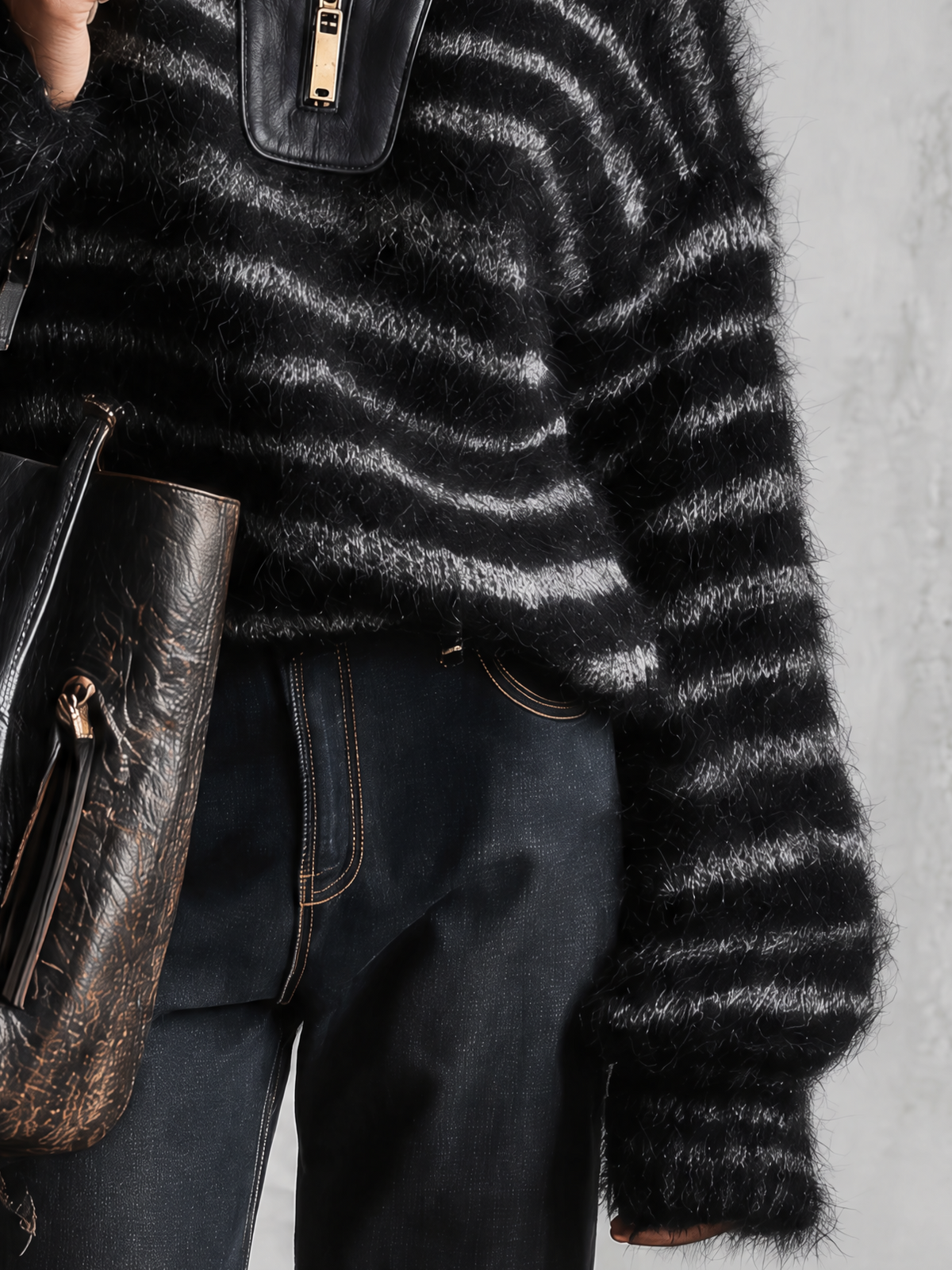 Black And Grey Striped Fuzzy Knit Sweater With Pu Leather Half-Zip Collar