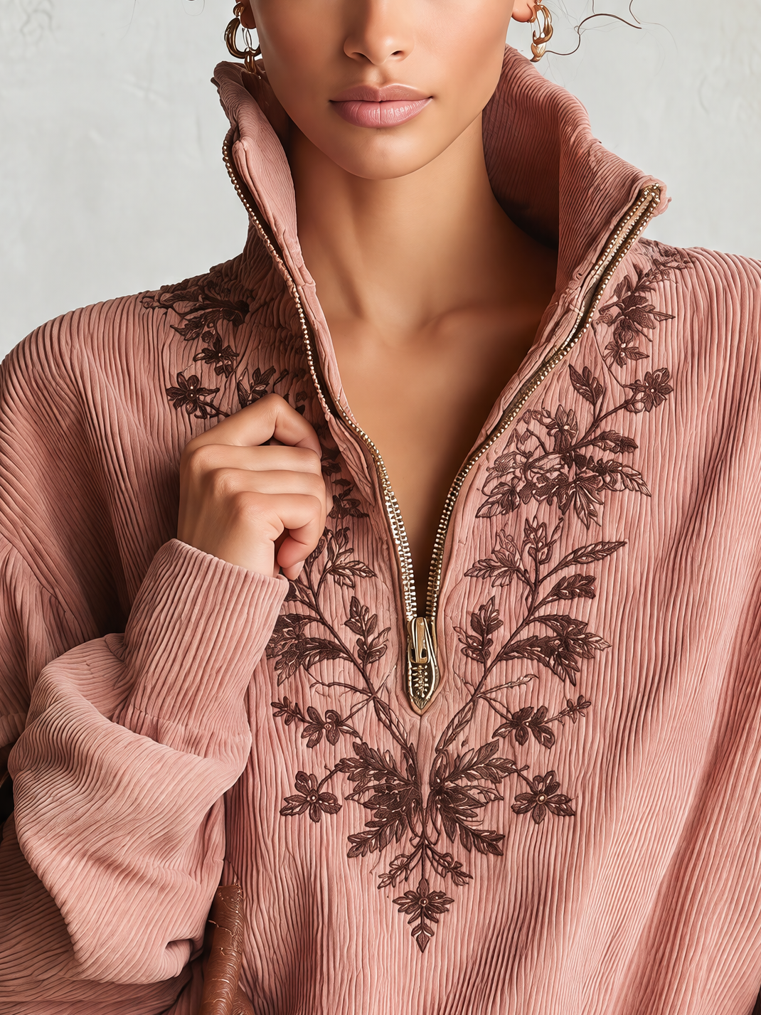 Dusty Pink Corduroy Half-Zip Blouse With Floral Embroidery