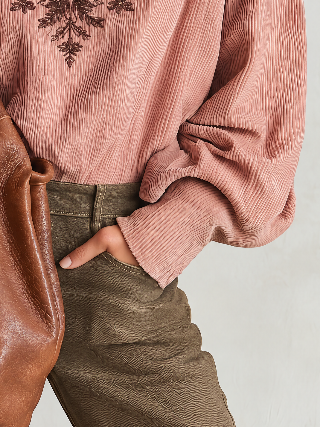Dusty Pink Corduroy Half-Zip Blouse With Floral Embroidery