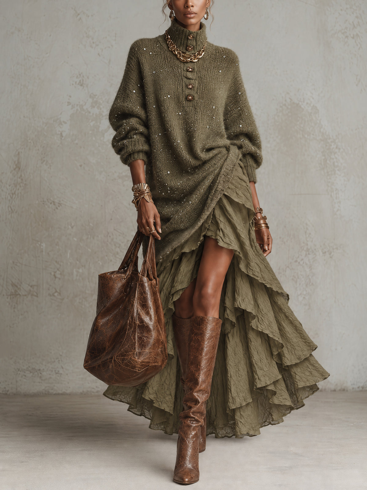 Olive Green Oversized Sequin Mohair Turtleneck Sweater