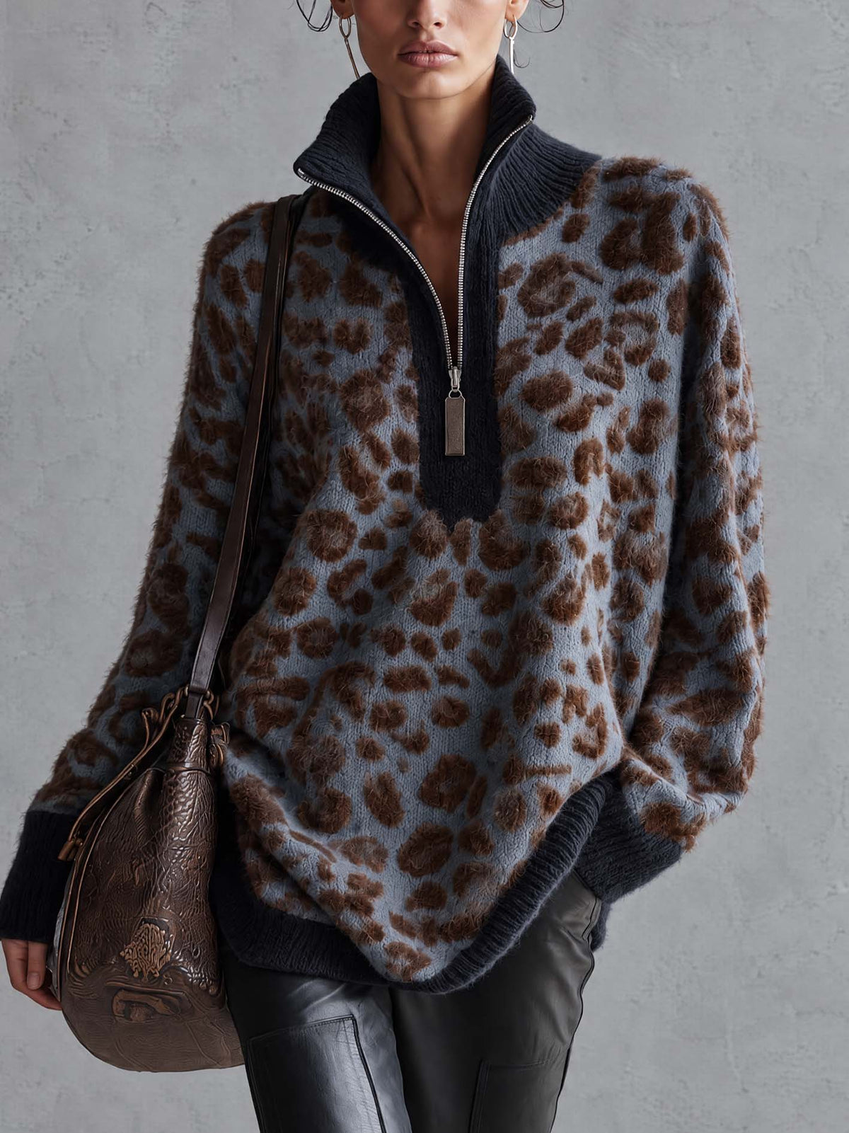 Dusty Blue Gray Leopard Print Fuzzy Mohair Sweater With Half-Zip Stand Collar