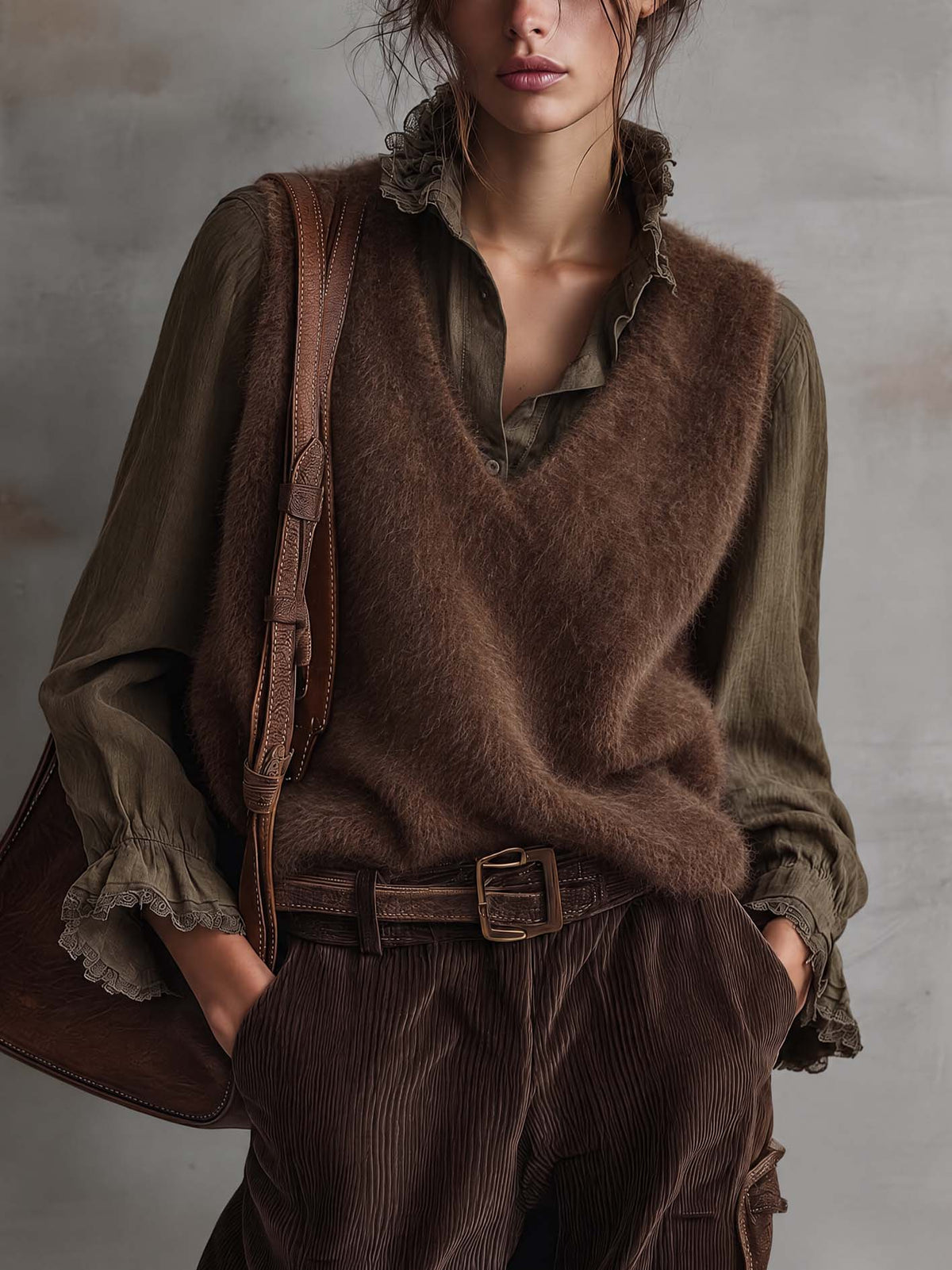 Chocolate Brown Fuzzy Mohair Knit Vest And Olive Lace-Trim Shirt Set