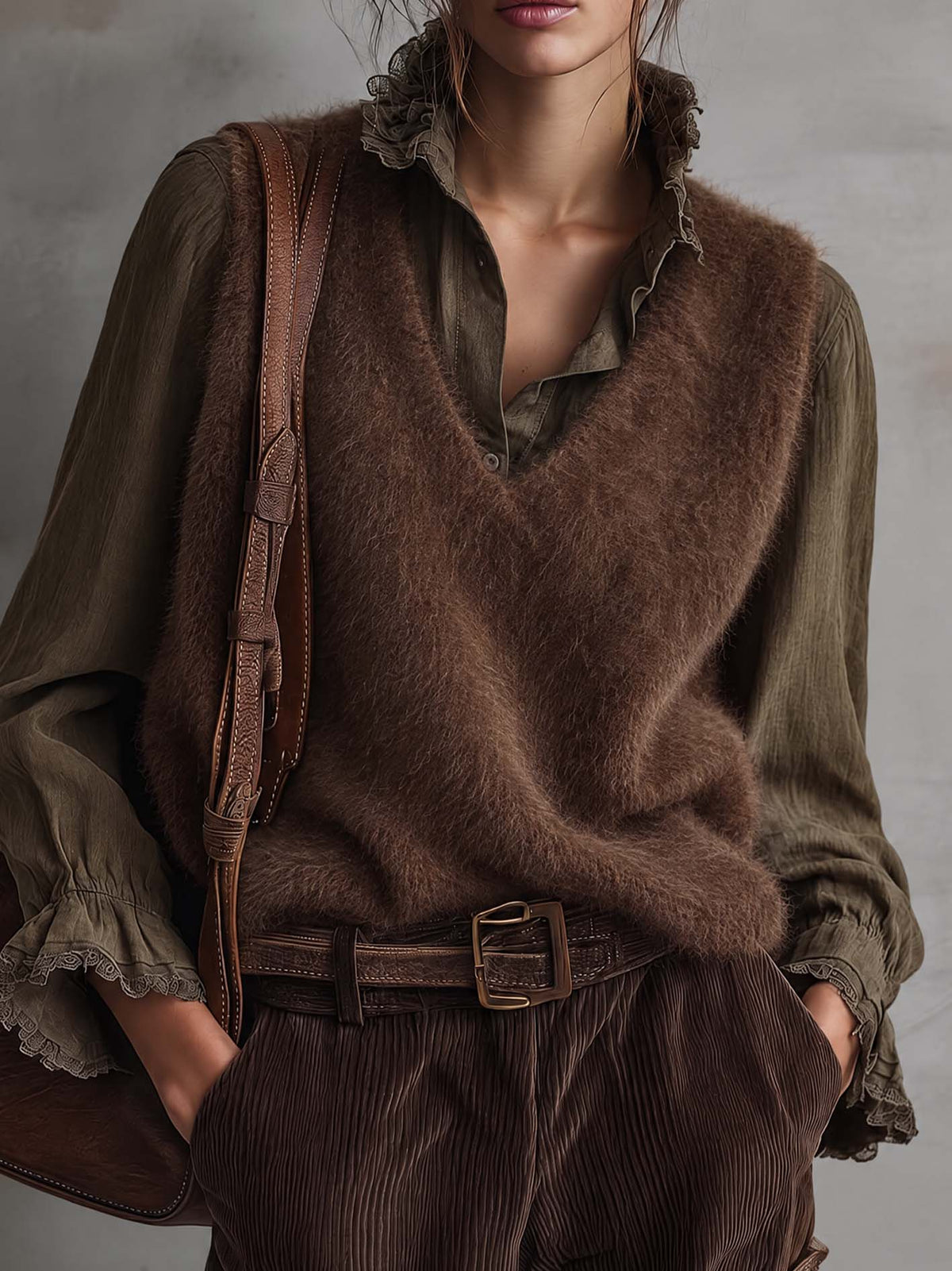 Chocolate Brown Fuzzy Mohair Knit Vest And Olive Lace-Trim Shirt Set