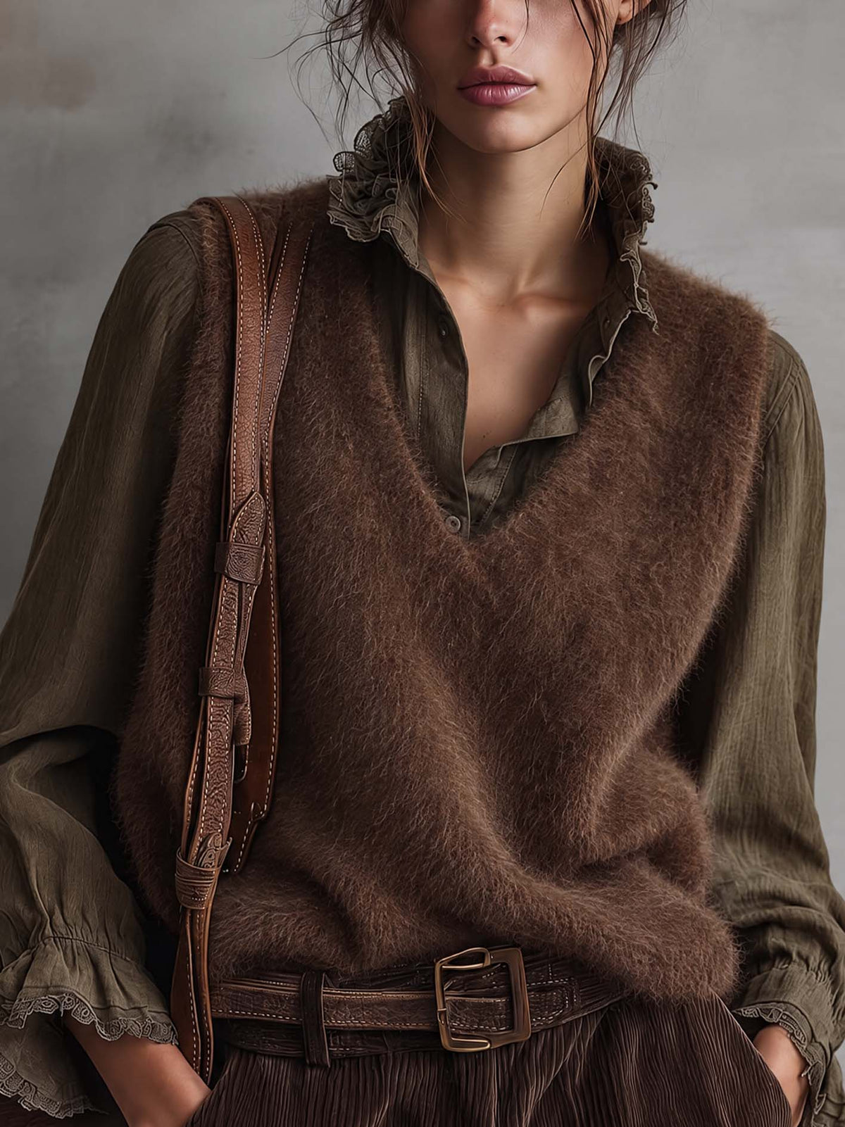 Chocolate Brown Fuzzy Mohair Knit Vest And Olive Lace-Trim Shirt Set