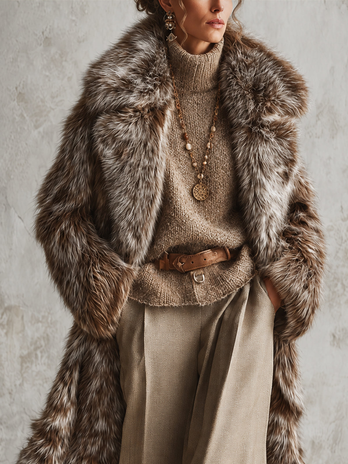Mocha Three Tone Gradient Faux Fox Fur Midi Coat