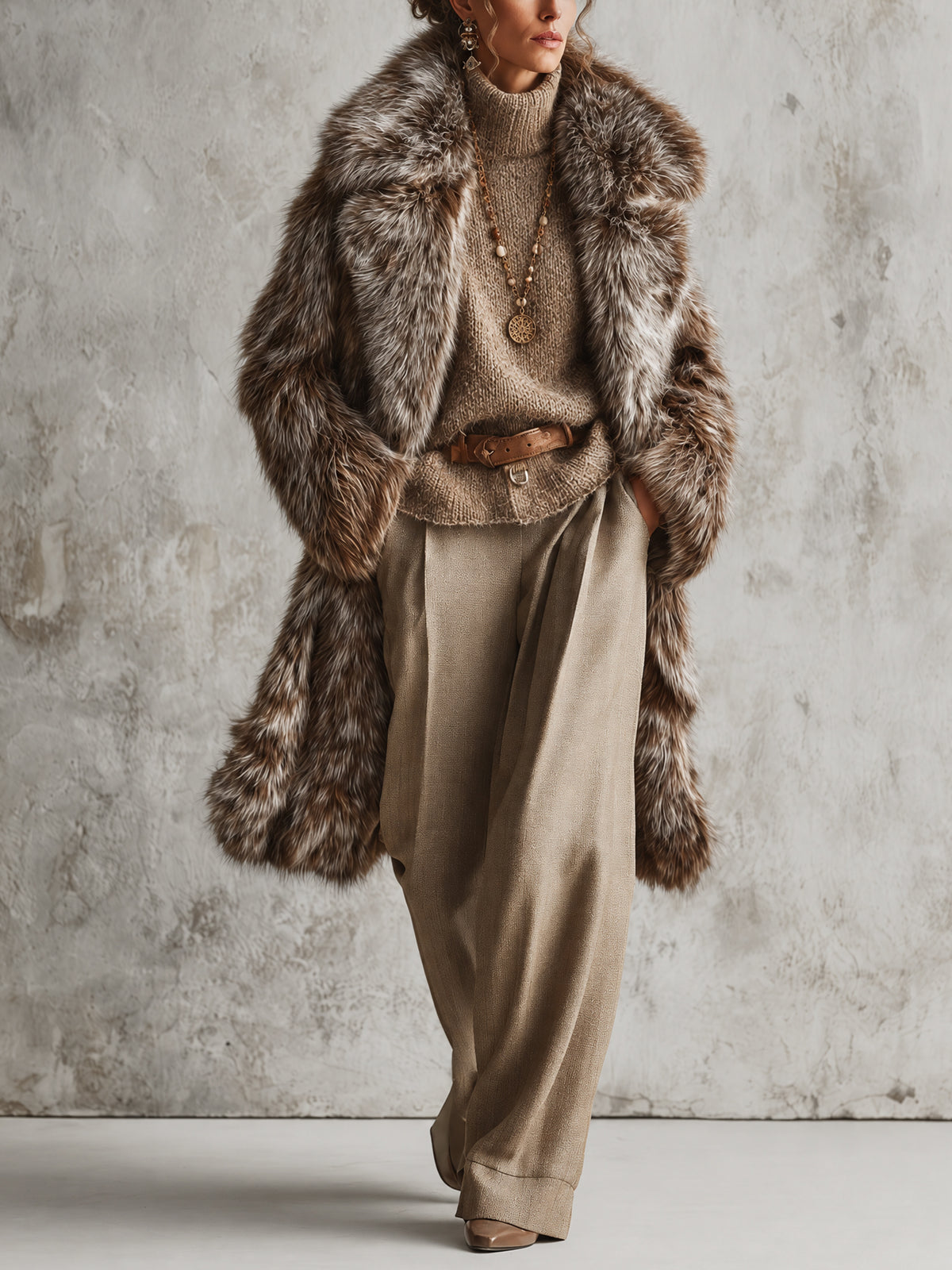Mocha Three Tone Gradient Faux Fox Fur Midi Coat