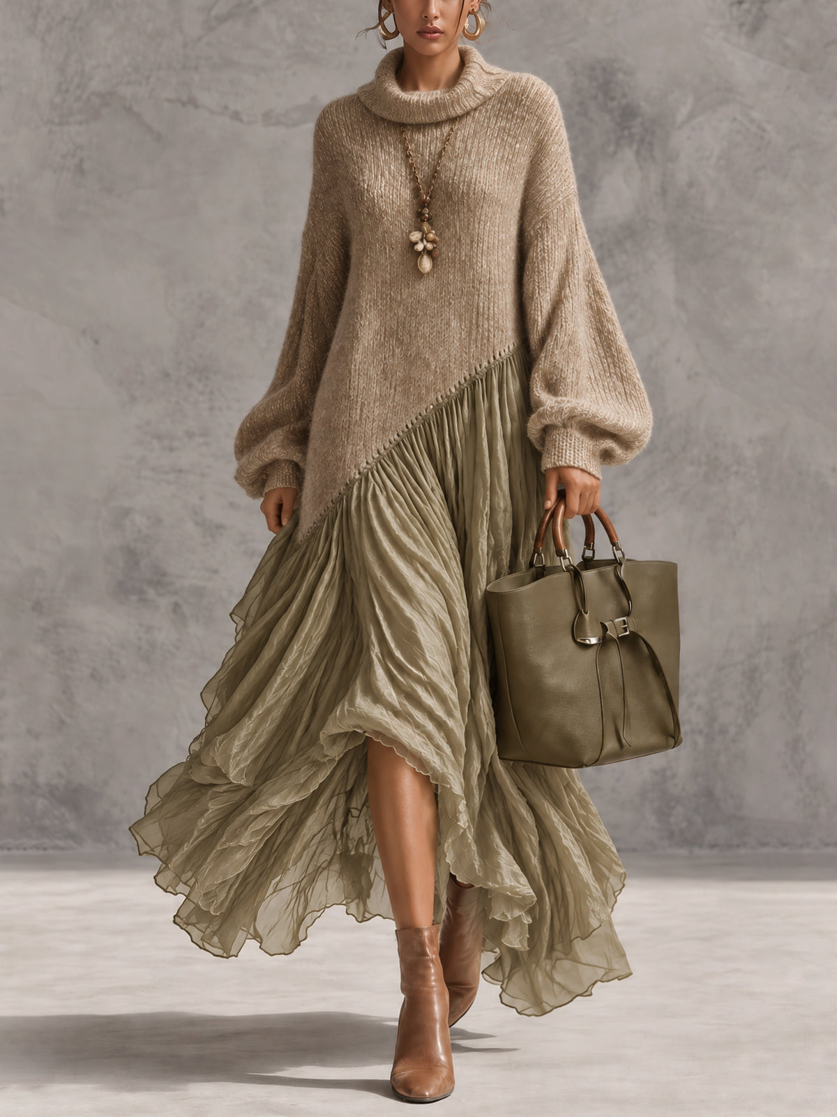 Khaki And Green Color Block Oversized Knit Chiffon Maxi Dress