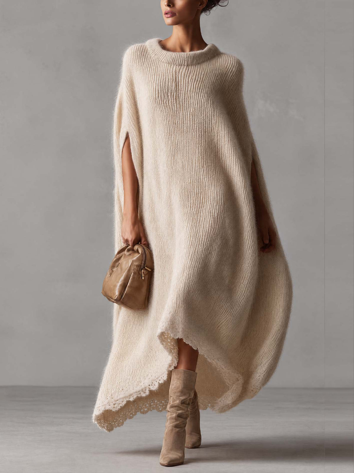 Ivory Loose Mohair Knit Cape Maxi Dress With Scalloped Lace Hem