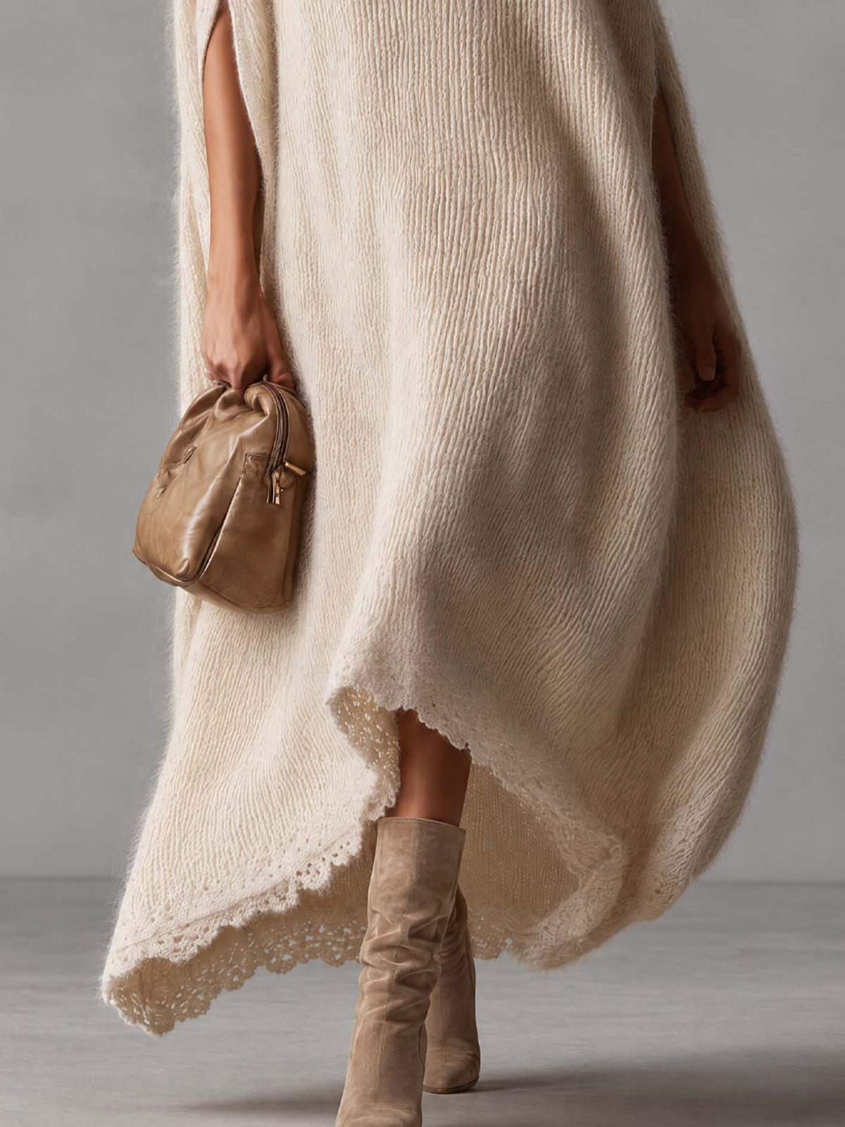 Ivory Loose Mohair Knit Cape Maxi Dress With Scalloped Lace Hem
