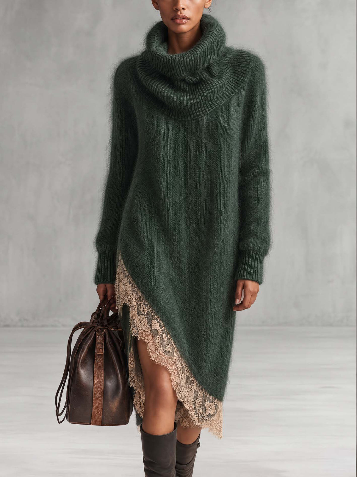 Forest Green Fuzzy Mohair Knit Midi Dress With Sand Lace Hem And High Side Slit