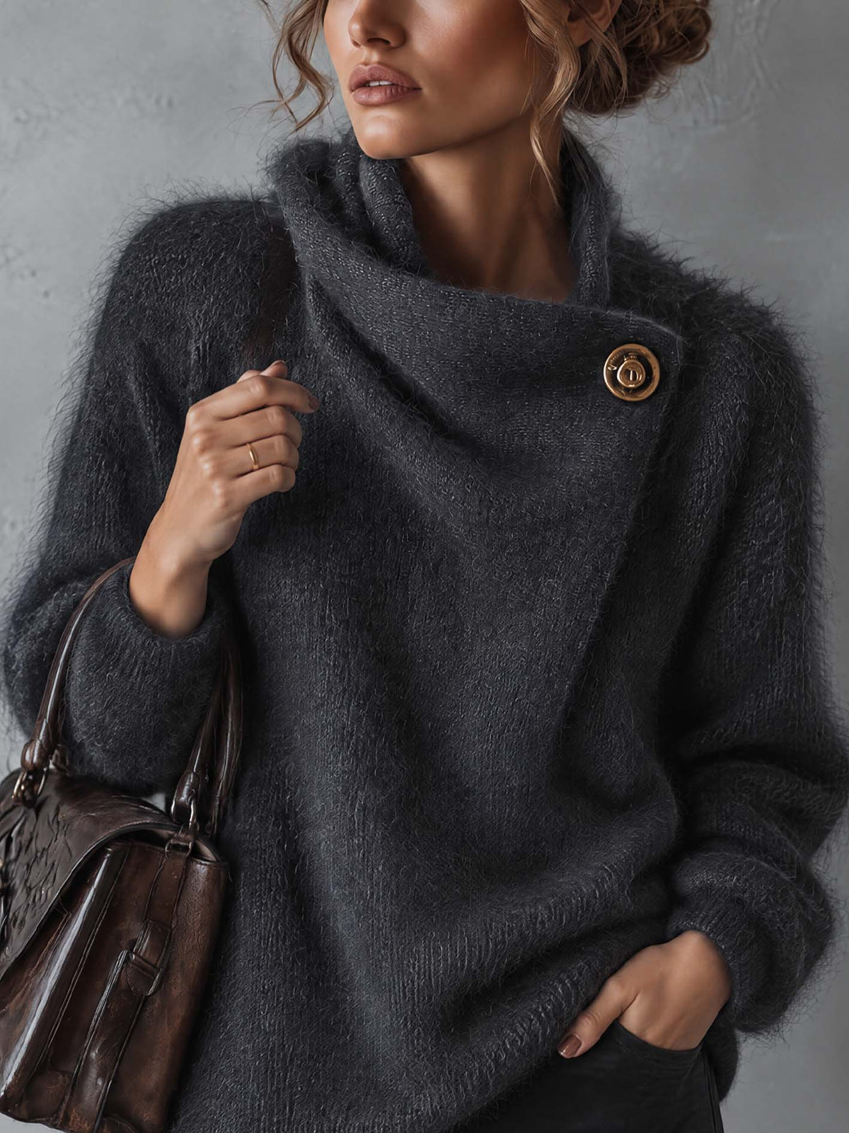 Charcoal Gray Fuzzy Mohair Sweater With Asymmetric Wrap Collar And Gold Button