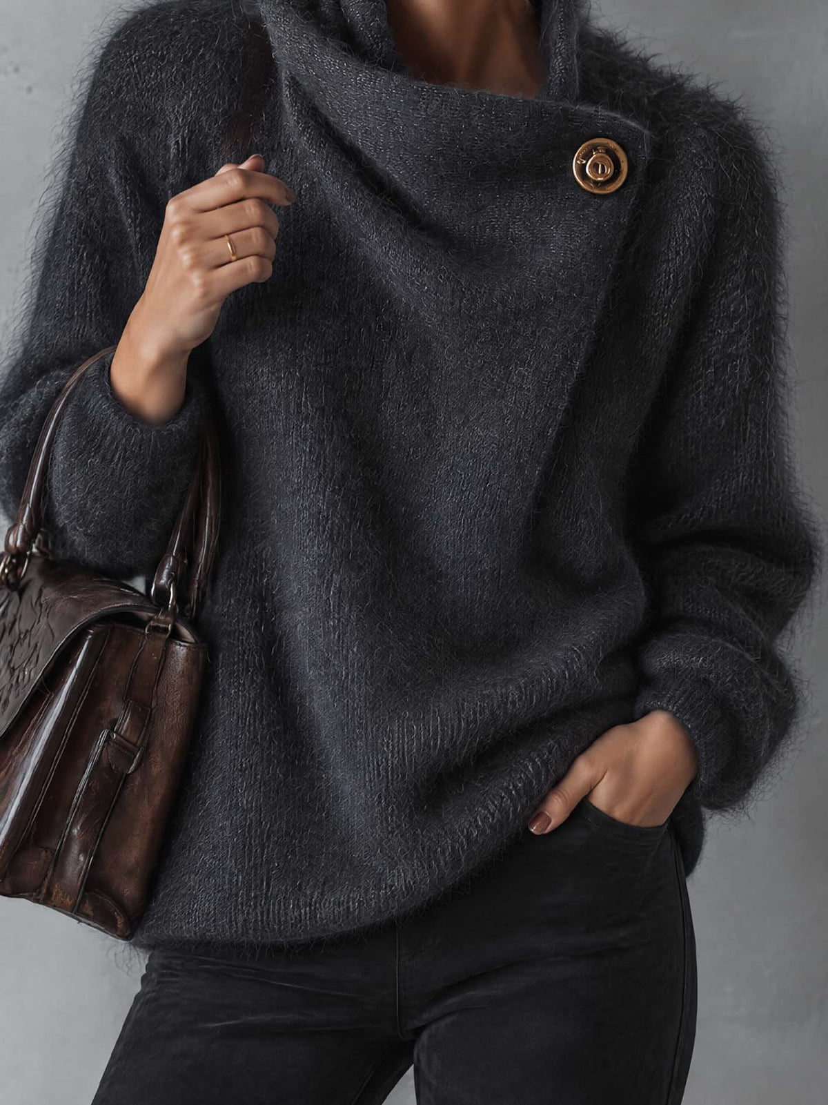Charcoal Gray Fuzzy Mohair Sweater With Asymmetric Wrap Collar And Gold Button
