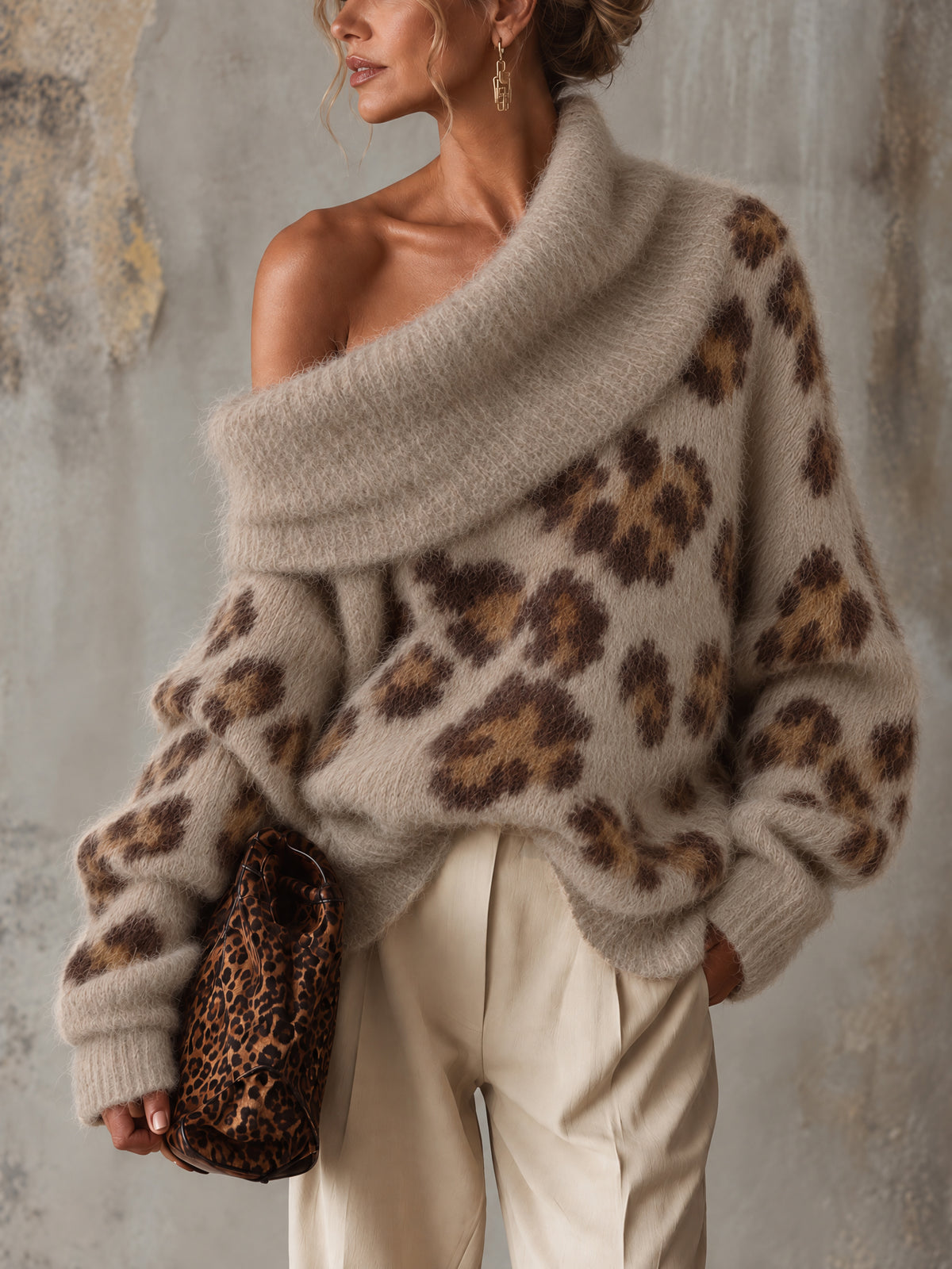 Brown Oversized Wool Blend Leopard Print Sweater