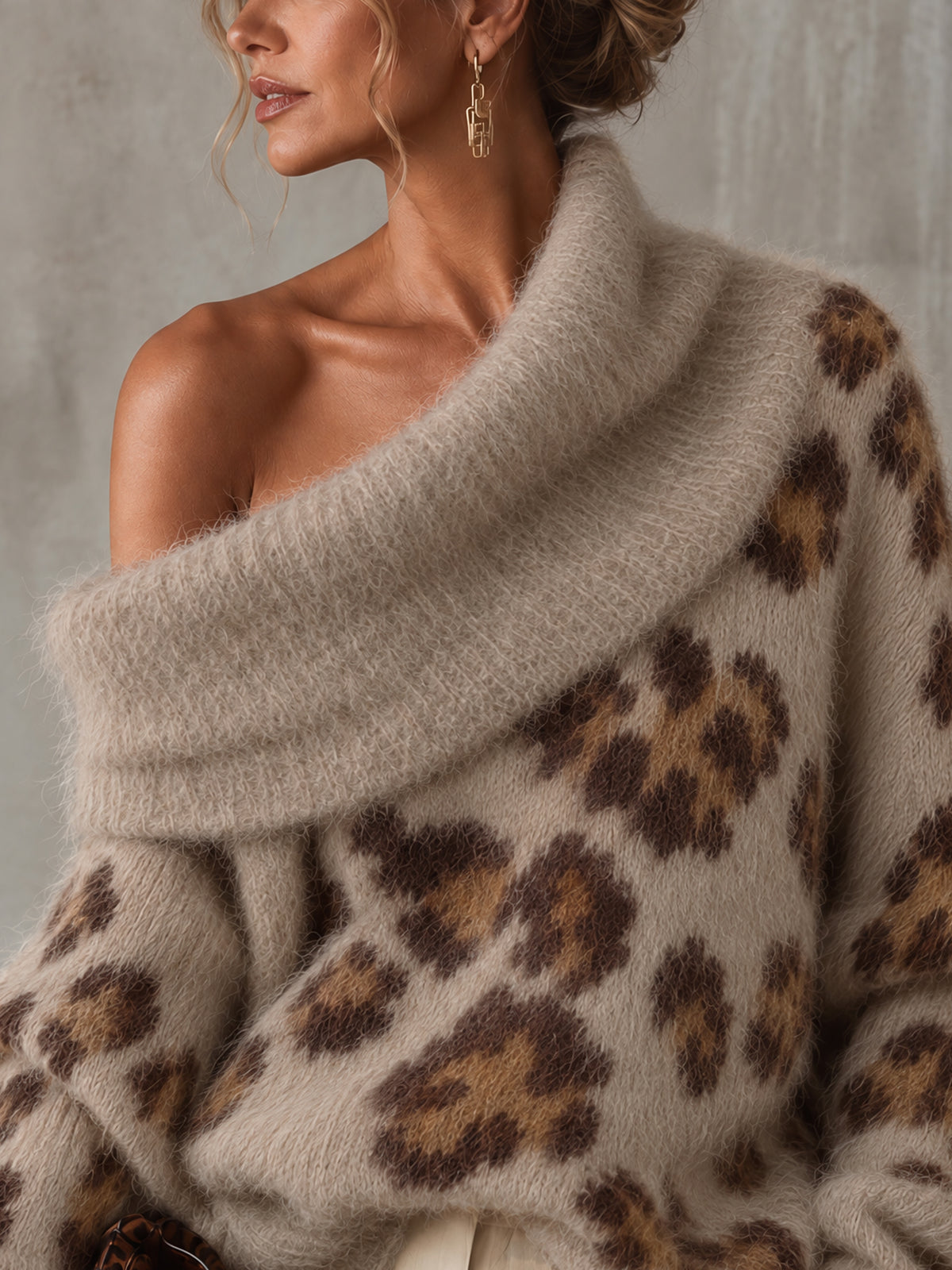 Brown Oversized Wool Blend Leopard Print Sweater