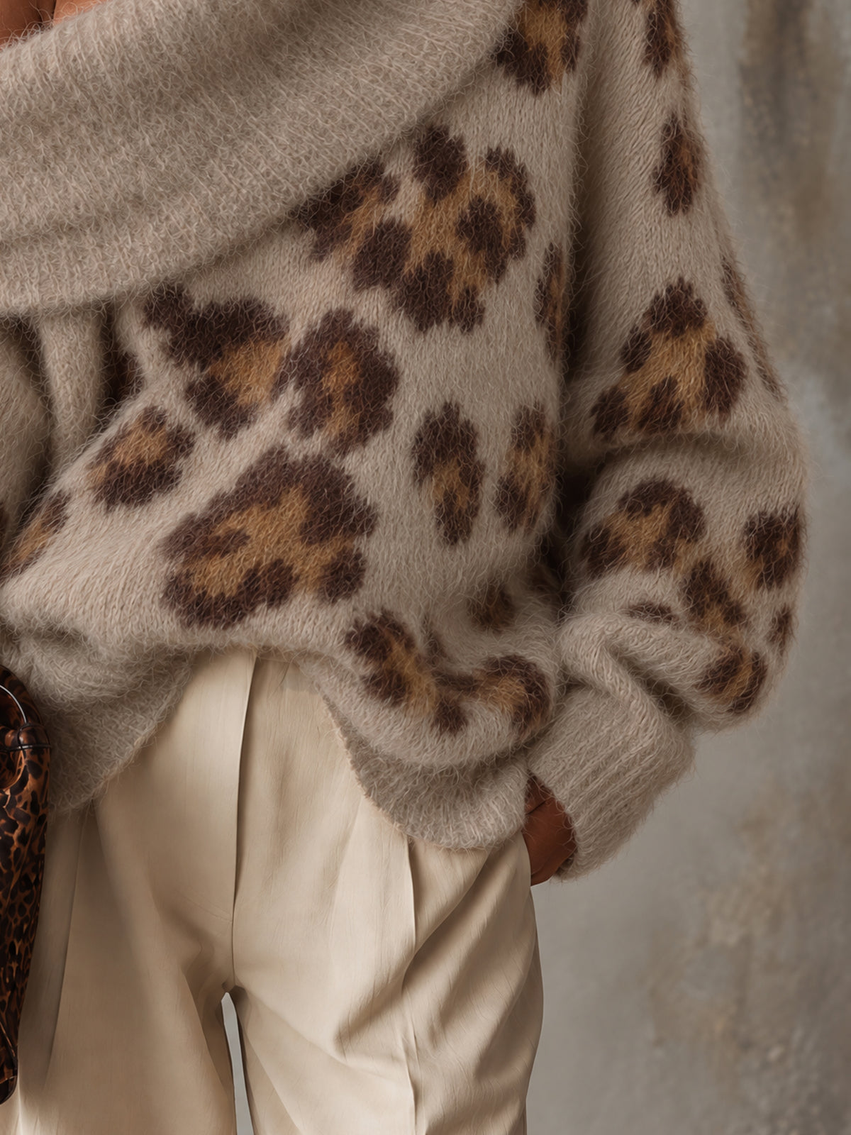 Brown Oversized Wool Blend Leopard Print Sweater