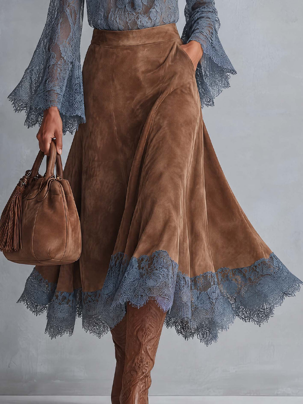 Camel Faux Suede Lace-Hem Midi Skirt