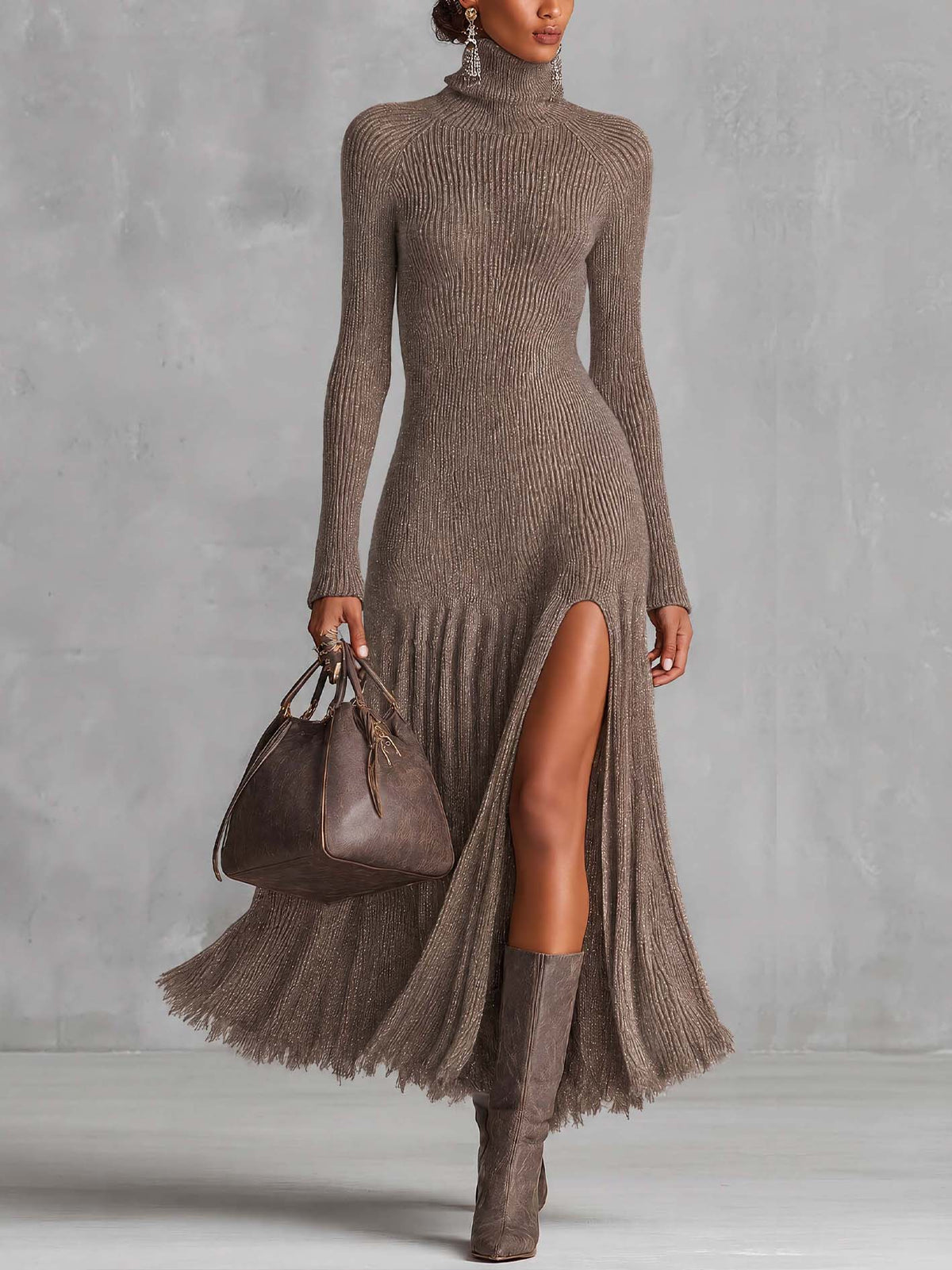 Taupe Shimmer Ribbed Knit Bodycon Maxi Dress With High Side Slit