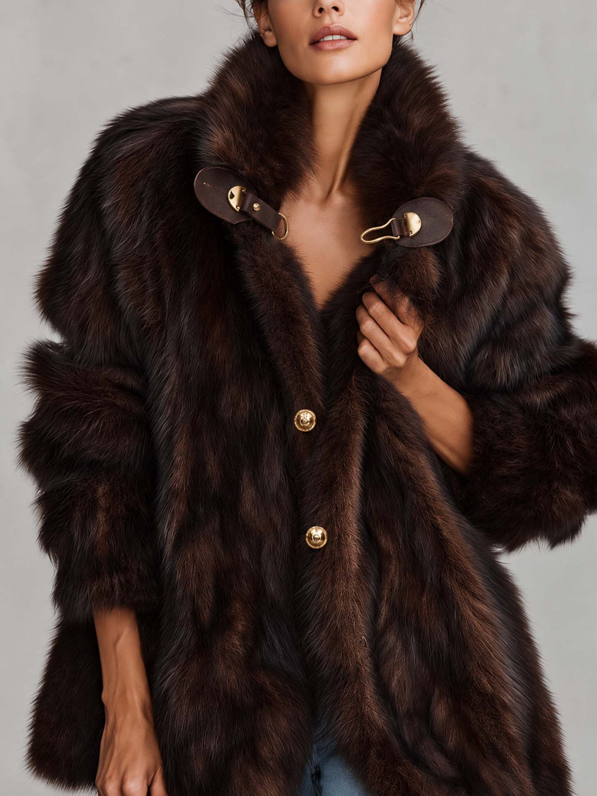 Dark Brown Faux Fox Fur Jacket With Leather Toggle Clasps And Gold Buttons
