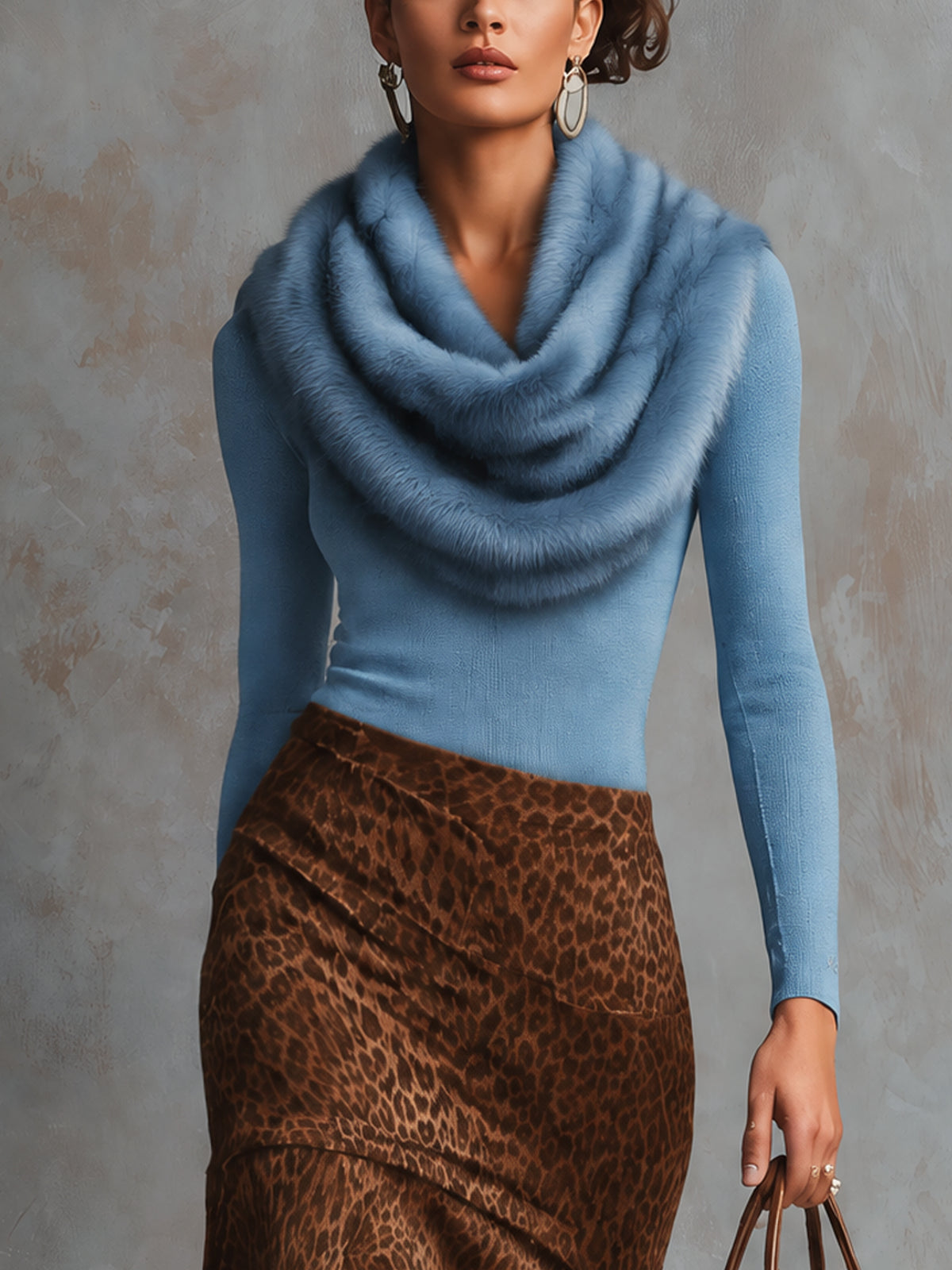 Blue Faux Fur Cowl Neck Top And Brown Leopard Faux Suede Skirt Set