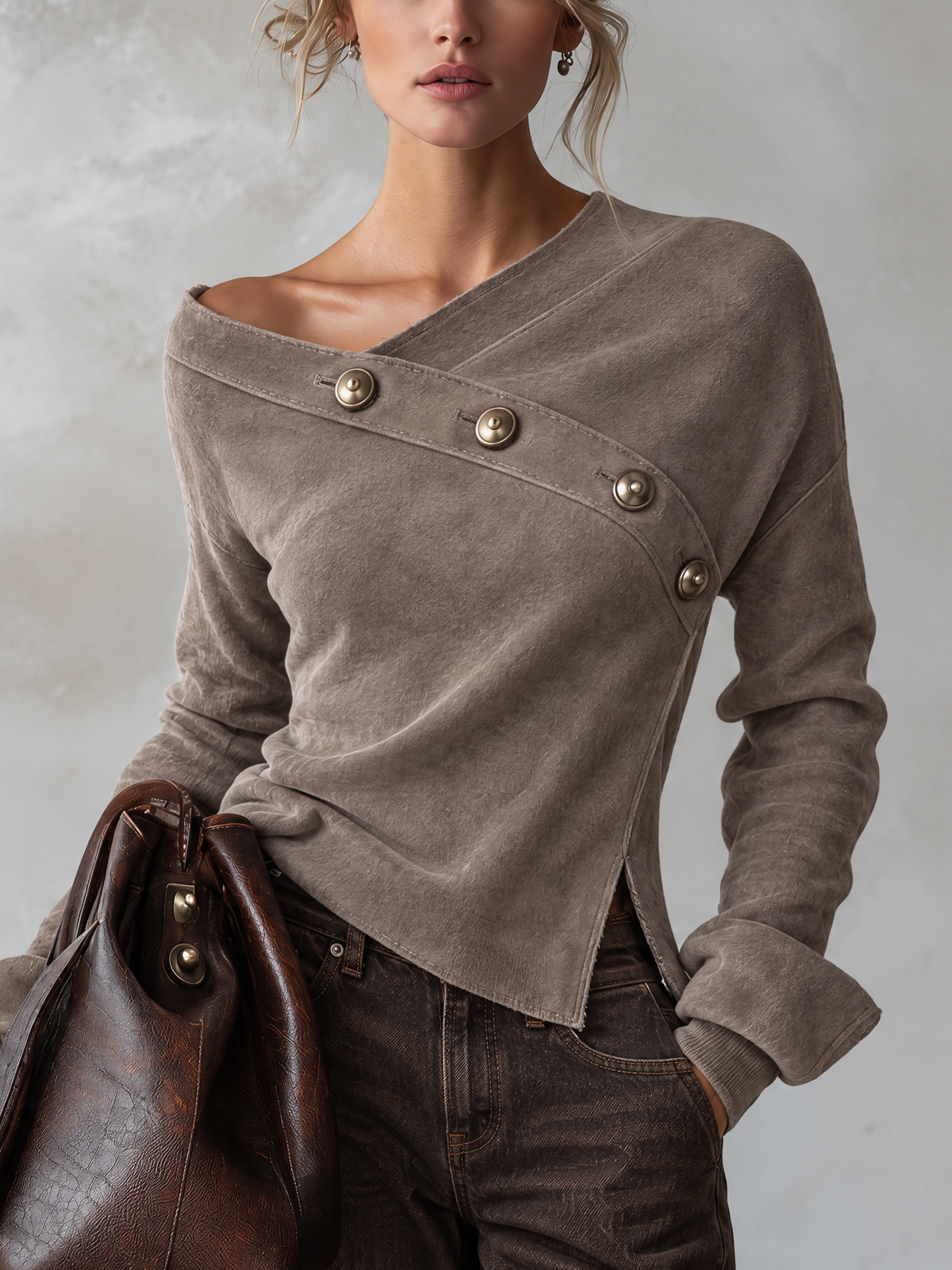 Taupe Faux Suede Asymmetric Off-Shoulder Blouse