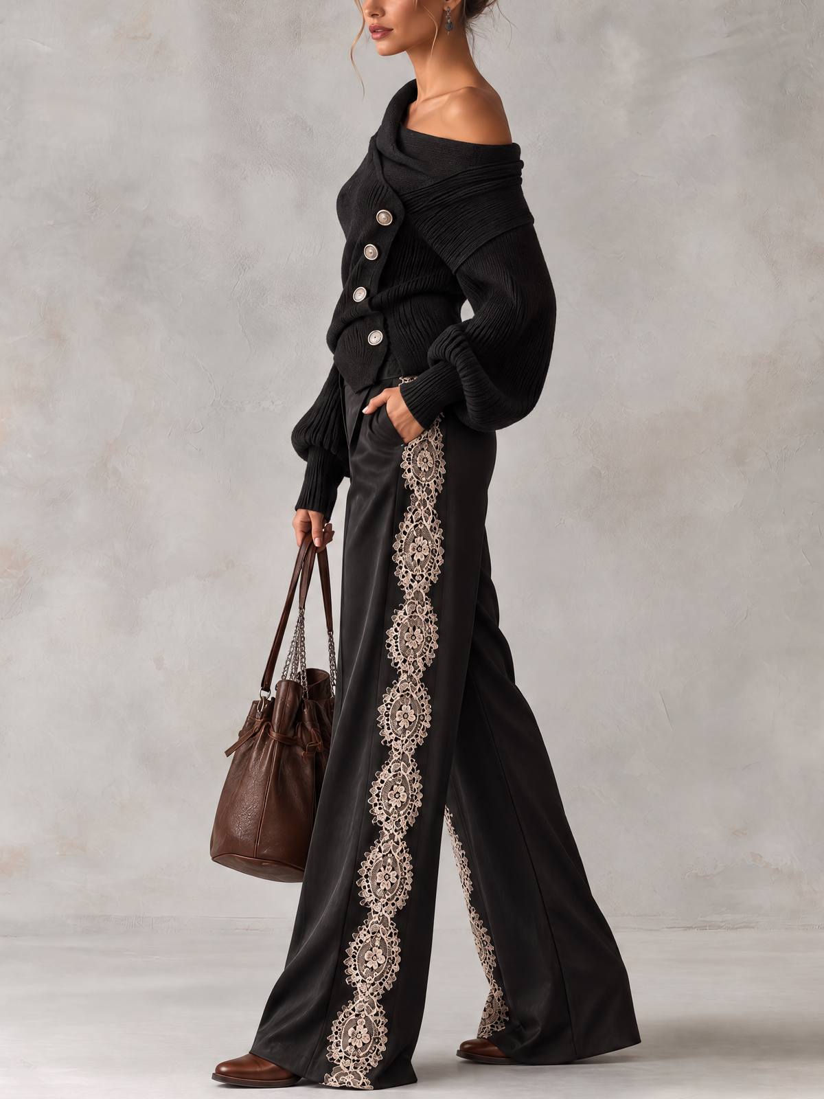 Black Asymmetric Off-Shoulder Knit Top And Lace Side Wide-Leg Pants Set