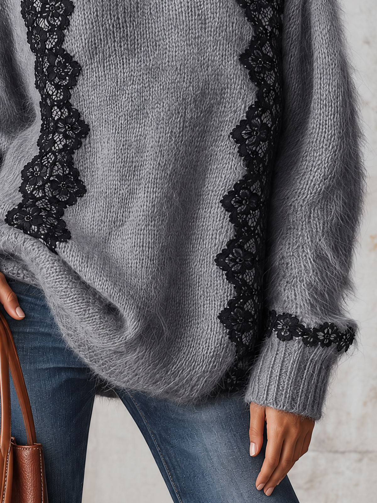 Grey Fuzzy Turtleneck Sweater With Black Lace Panel