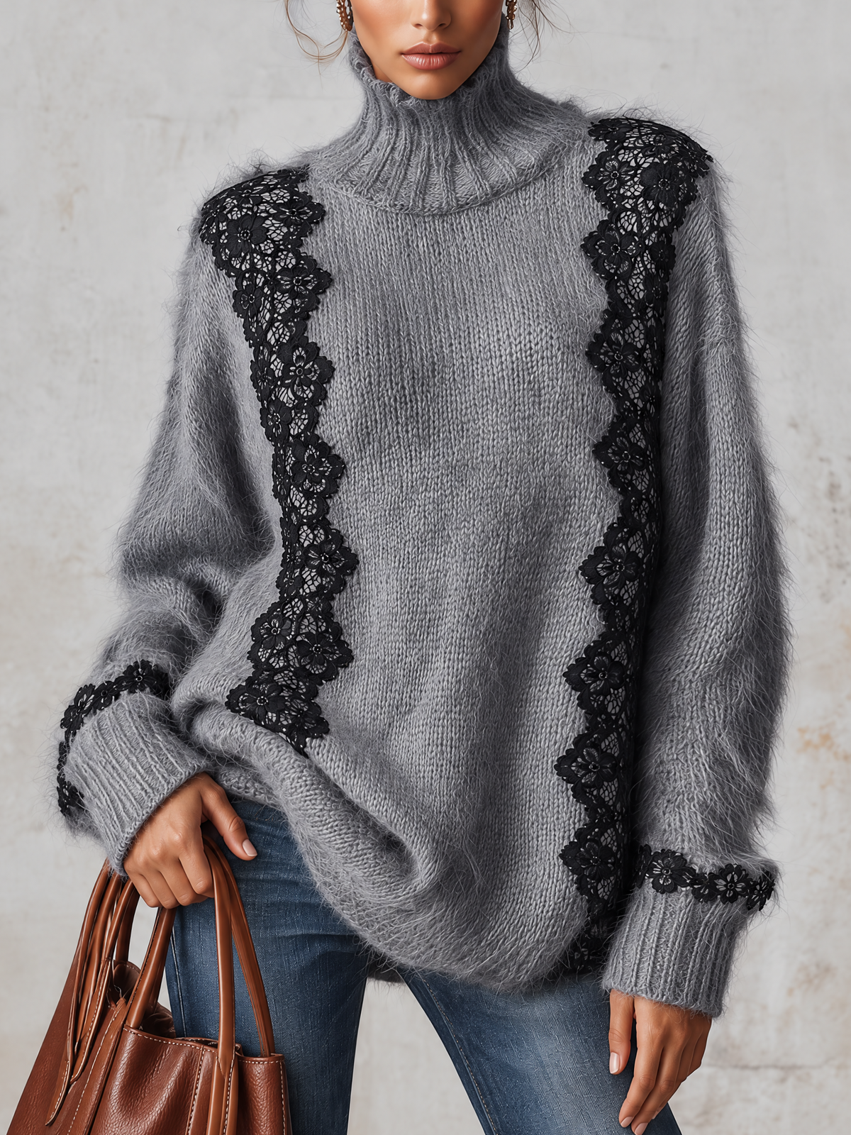 Grey Fuzzy Turtleneck Sweater With Black Lace Panel