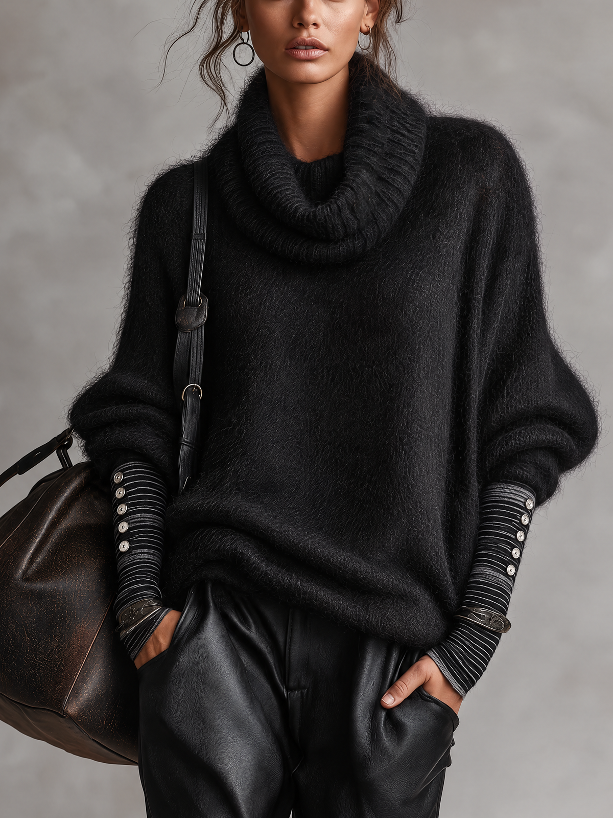 Black Fuzzy Cowl Neck Sweater With Striped Button Cuffs