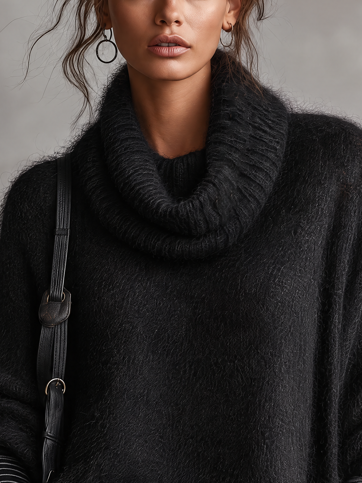 Black Fuzzy Cowl Neck Sweater With Striped Button Cuffs