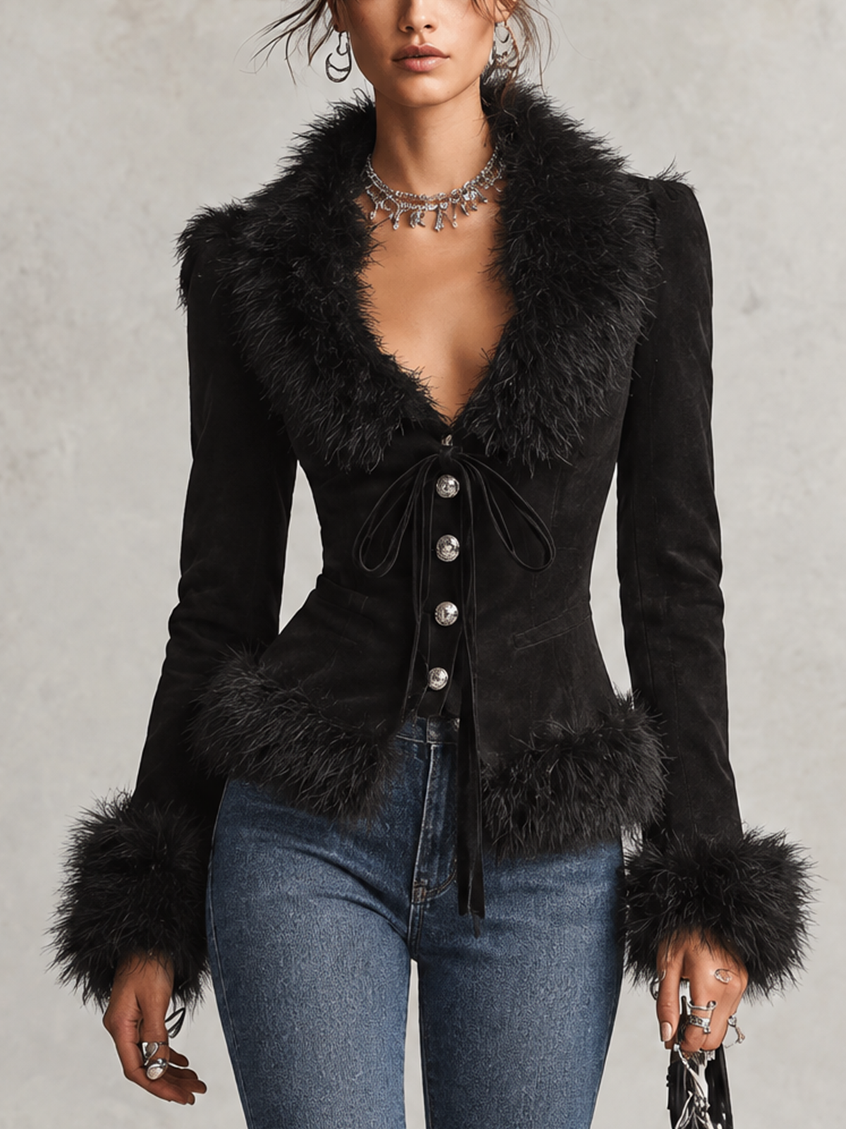 Black Suede Faux Fur Trim V-Neck Fitted Blazer