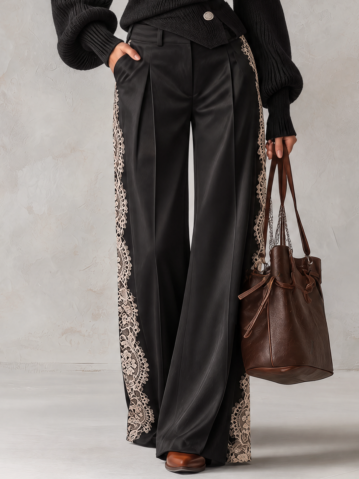 Black Asymmetric Off-Shoulder Knit Top And Lace Side Wide-Leg Pants Set