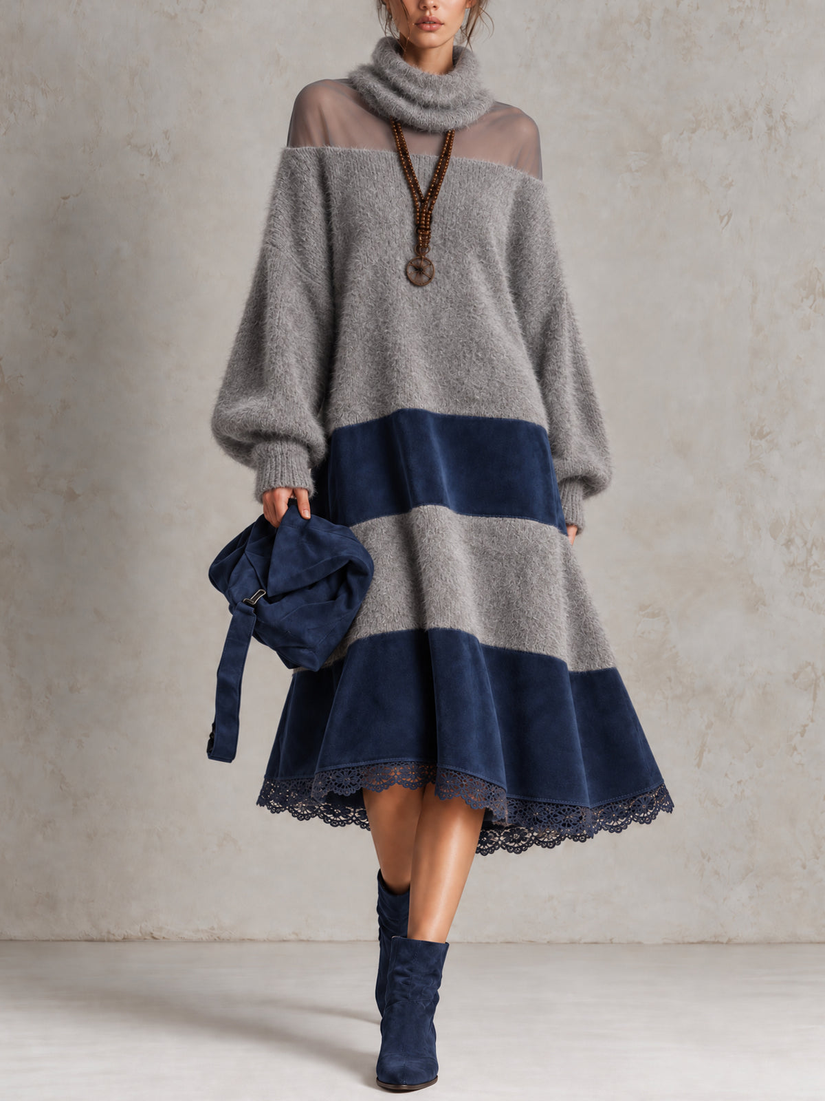 Gray Fuzzy Knit Navy Faux Suede Color Block Mesh Yoke Turtleneck Lace Hem Oversized Midi Dress