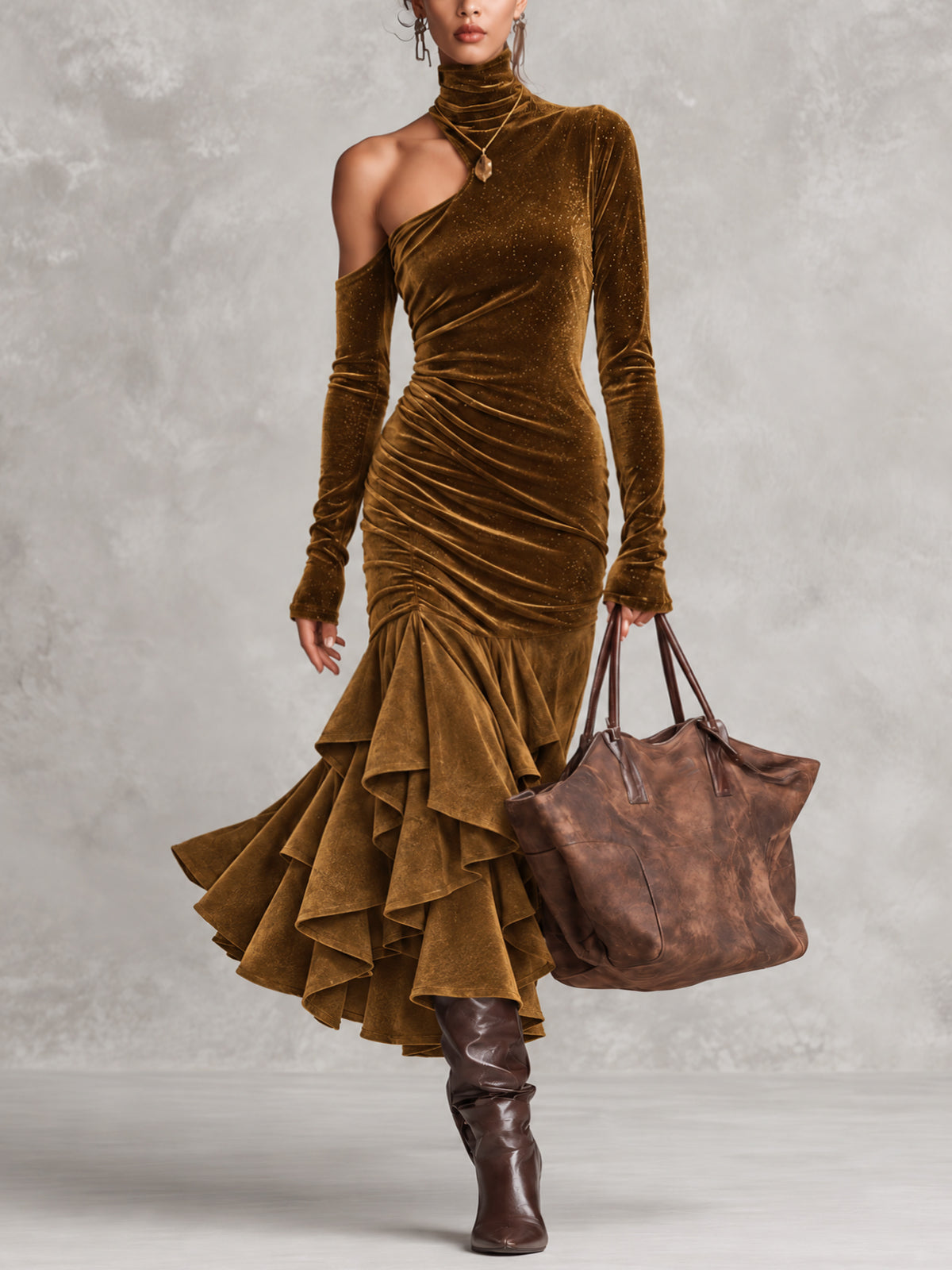 Brown Shimmer Velvet Faux Suede Patchwork Cold Shoulder Ruched Bodycon Dress