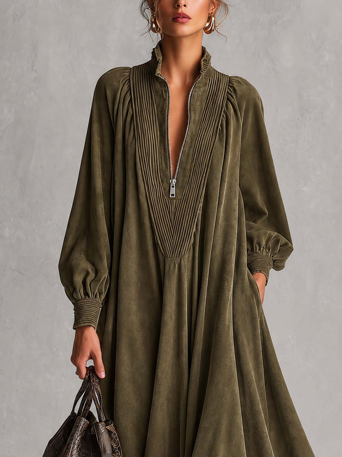 Olive Green Faux Suede Maxi Dress With Pintucked Zip Placket And Full Flared Skirt