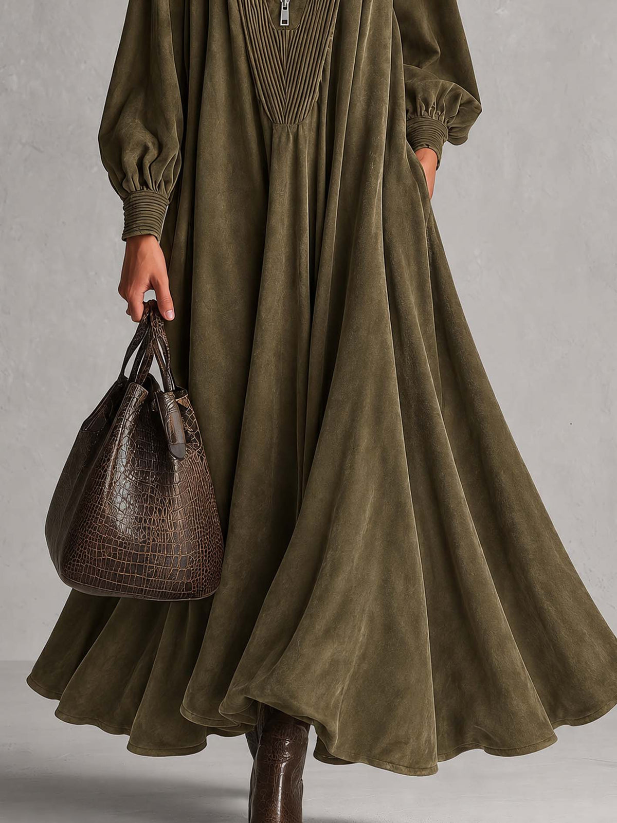 Olive Green Faux Suede Maxi Dress With Pintucked Zip Placket And Full Flared Skirt
