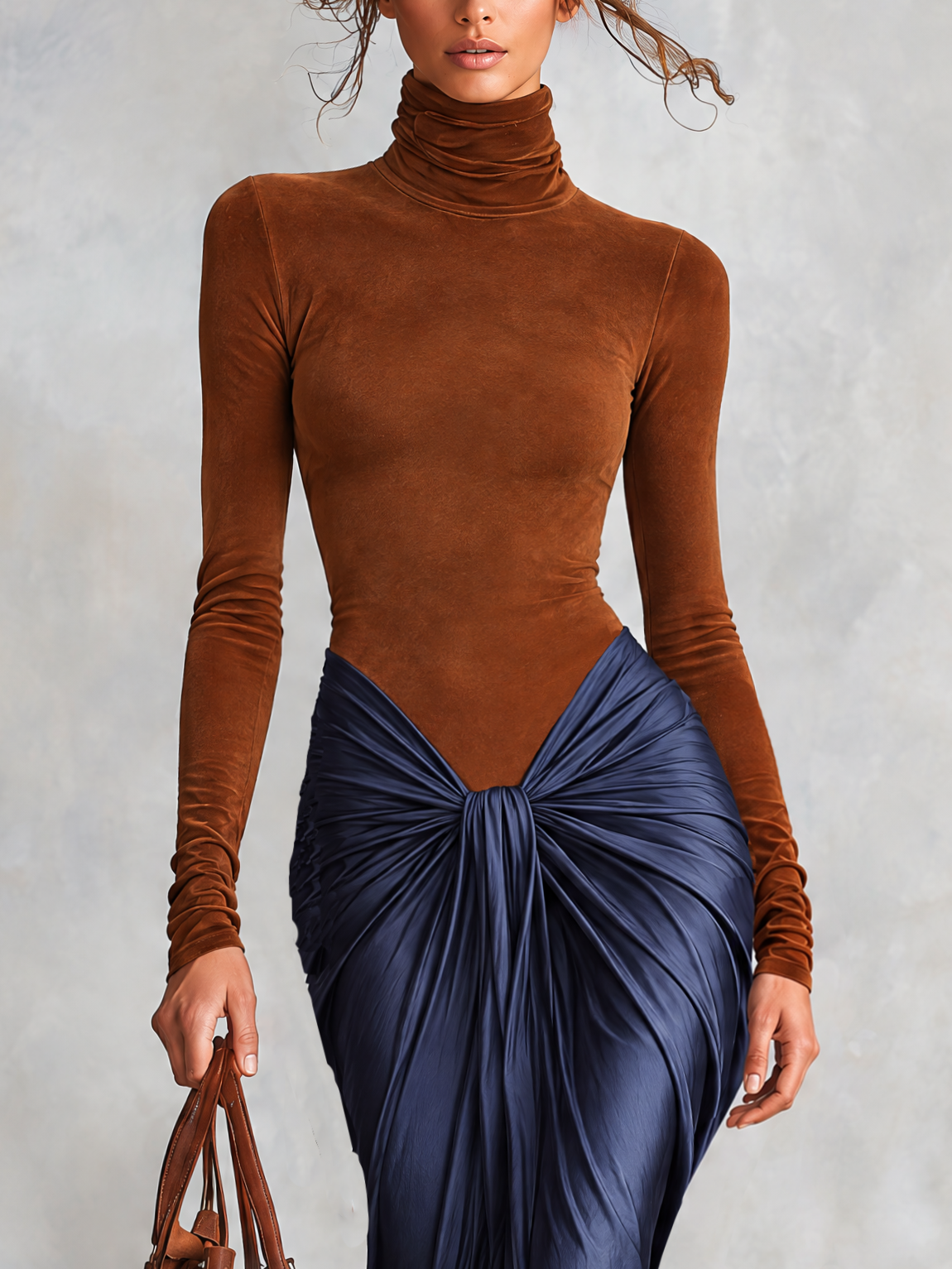 Brown And Navy Color Block Faux Suede Twist Front Maxi Dress