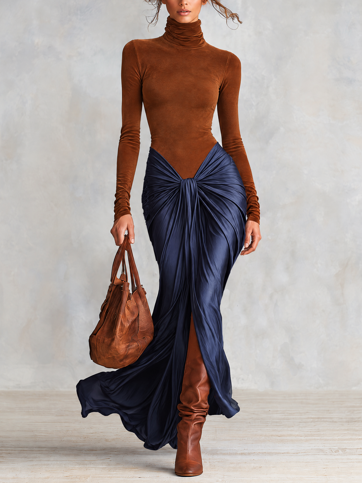 Brown And Navy Color Block Faux Suede Twist Front Maxi Dress